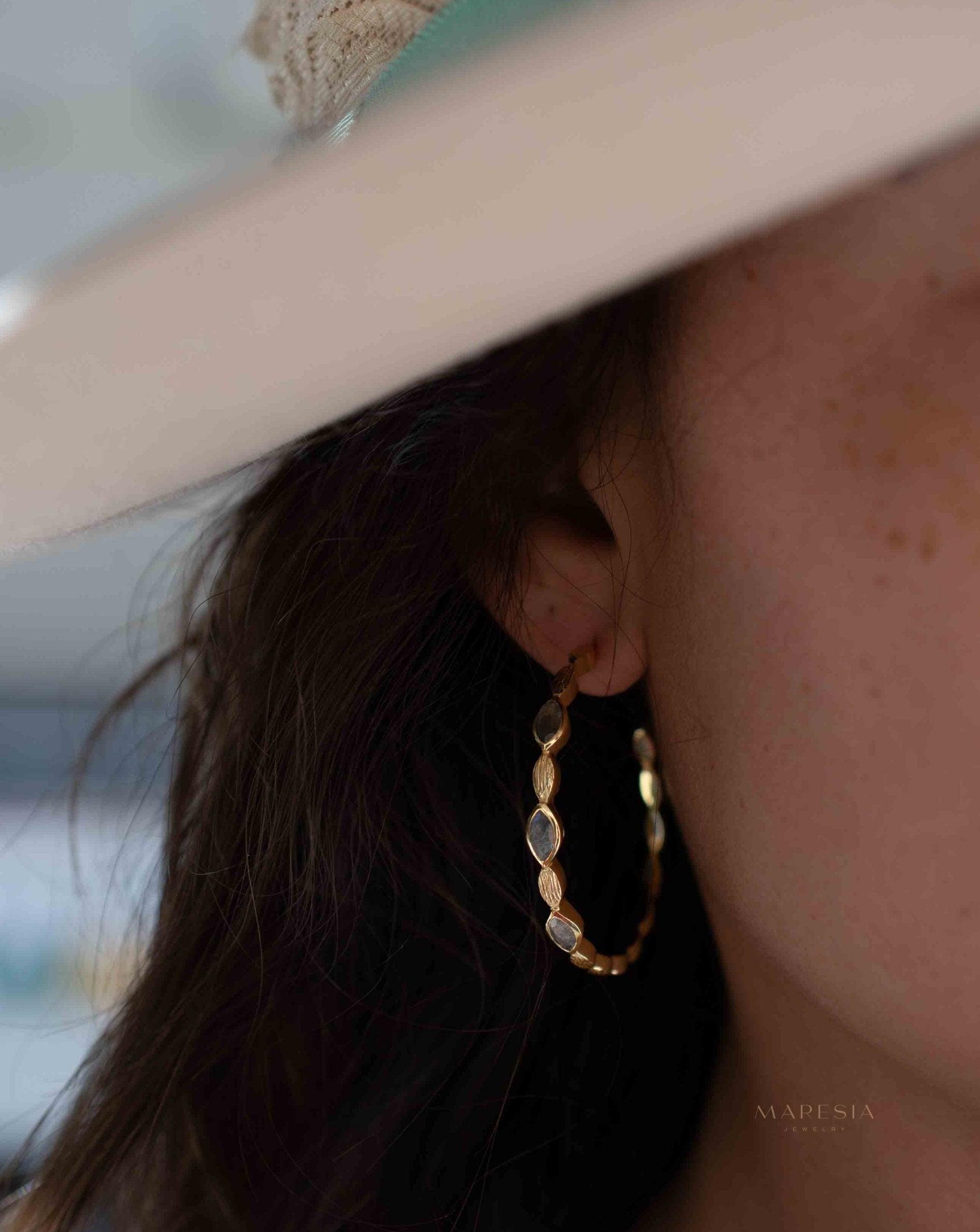 Labradorite Hoop Earrings 18k Gold Plated Earrings ~ Gemstone ~ Post ~Boho design ~ Handmade ~ Jewelry ~ Gift for her ~ ME207