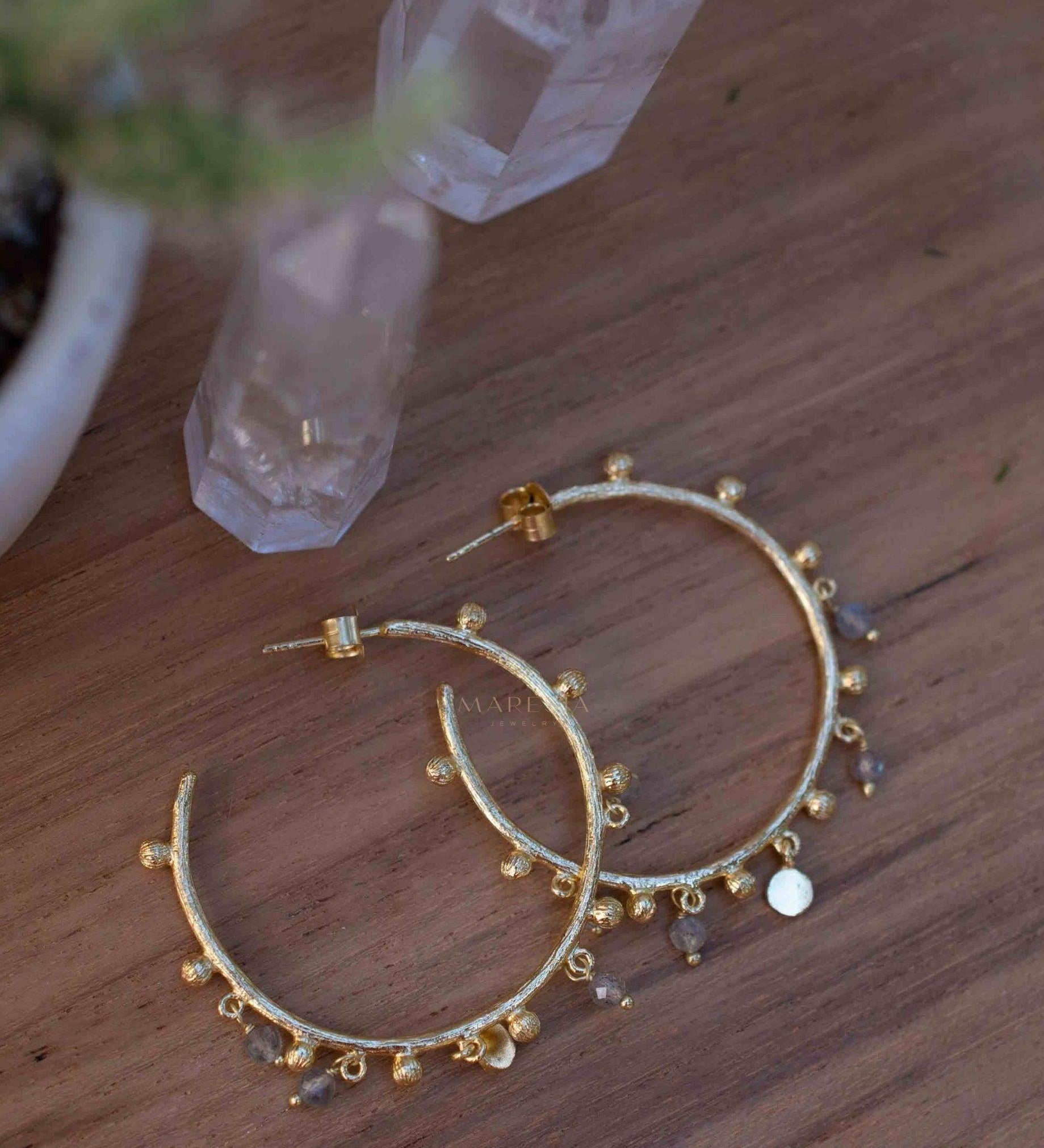 Labradorite Hoop Earrings 18k Gold Plated Earrings ~ Gemstone ~ Post ~Boho design ~ Handmade ~ Jewelry ~ Gift for her ~ ME212