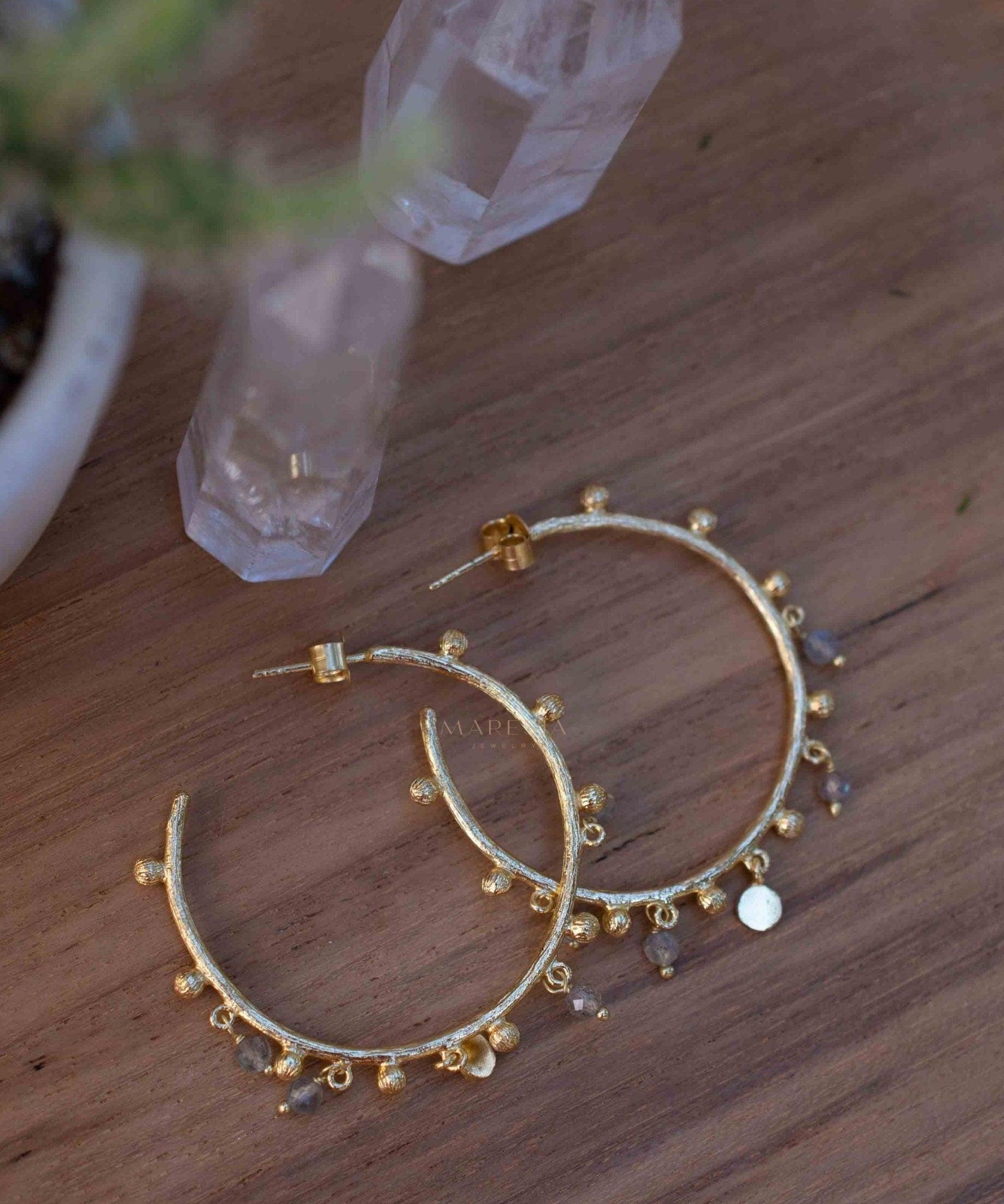 Labradorite Hoop Earrings 18k Gold Plated Earrings ~ Gemstone ~ Post ~Boho design ~ Handmade ~ Jewelry ~ Gift for her ~ ME212