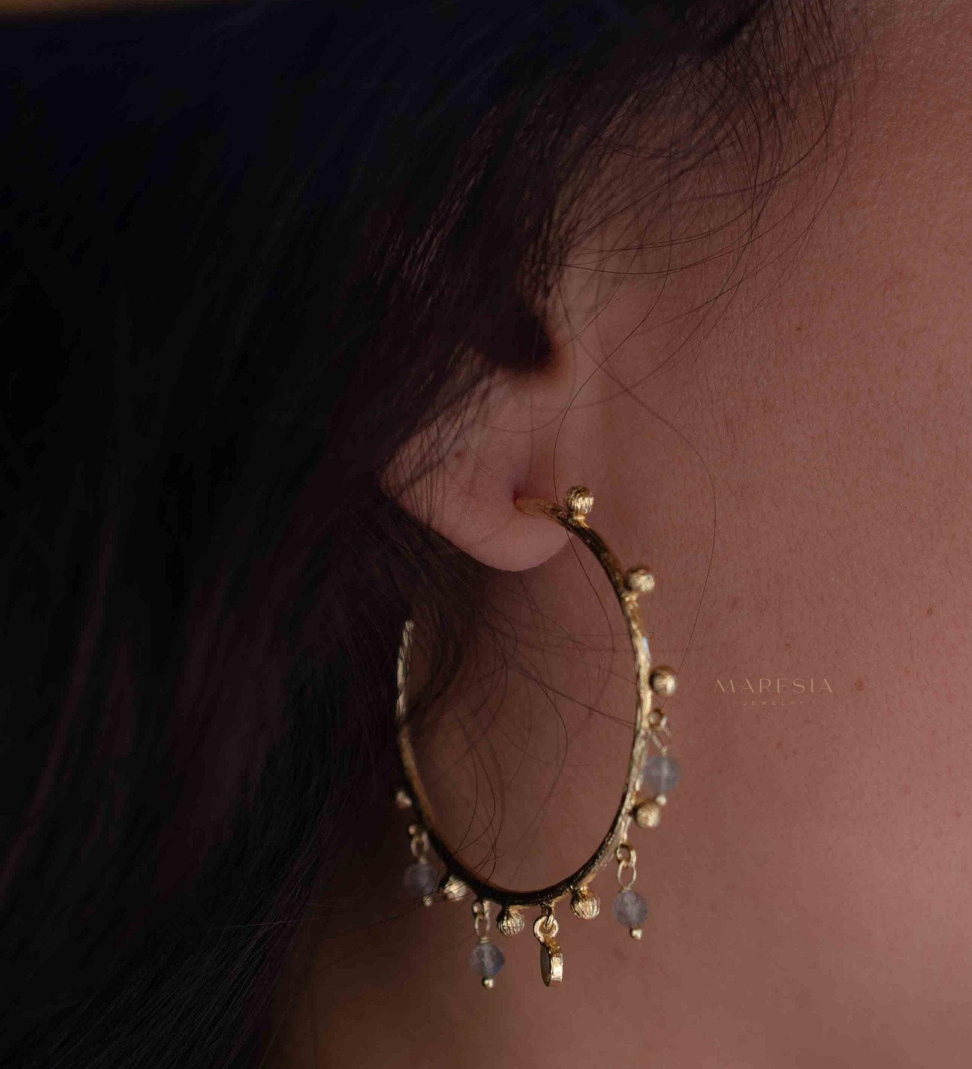 Labradorite Hoop Earrings 18k Gold Plated Earrings ~ Gemstone ~ Post ~Boho design ~ Handmade ~ Jewelry ~ Gift for her ~ ME212