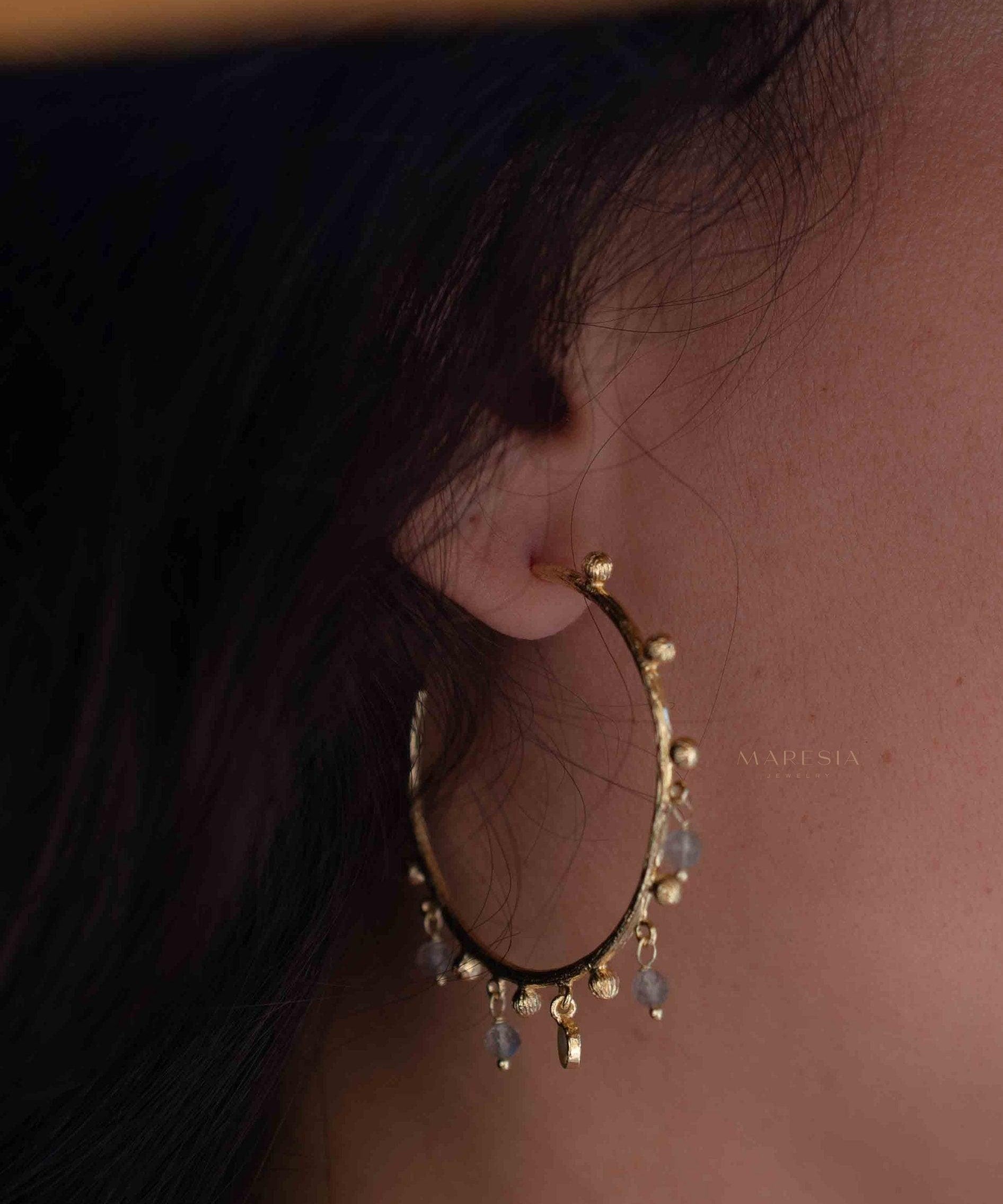 Labradorite Hoop Earrings 18k Gold Plated Earrings ~ Gemstone ~ Post ~Boho design ~ Handmade ~ Jewelry ~ Gift for her ~ ME212