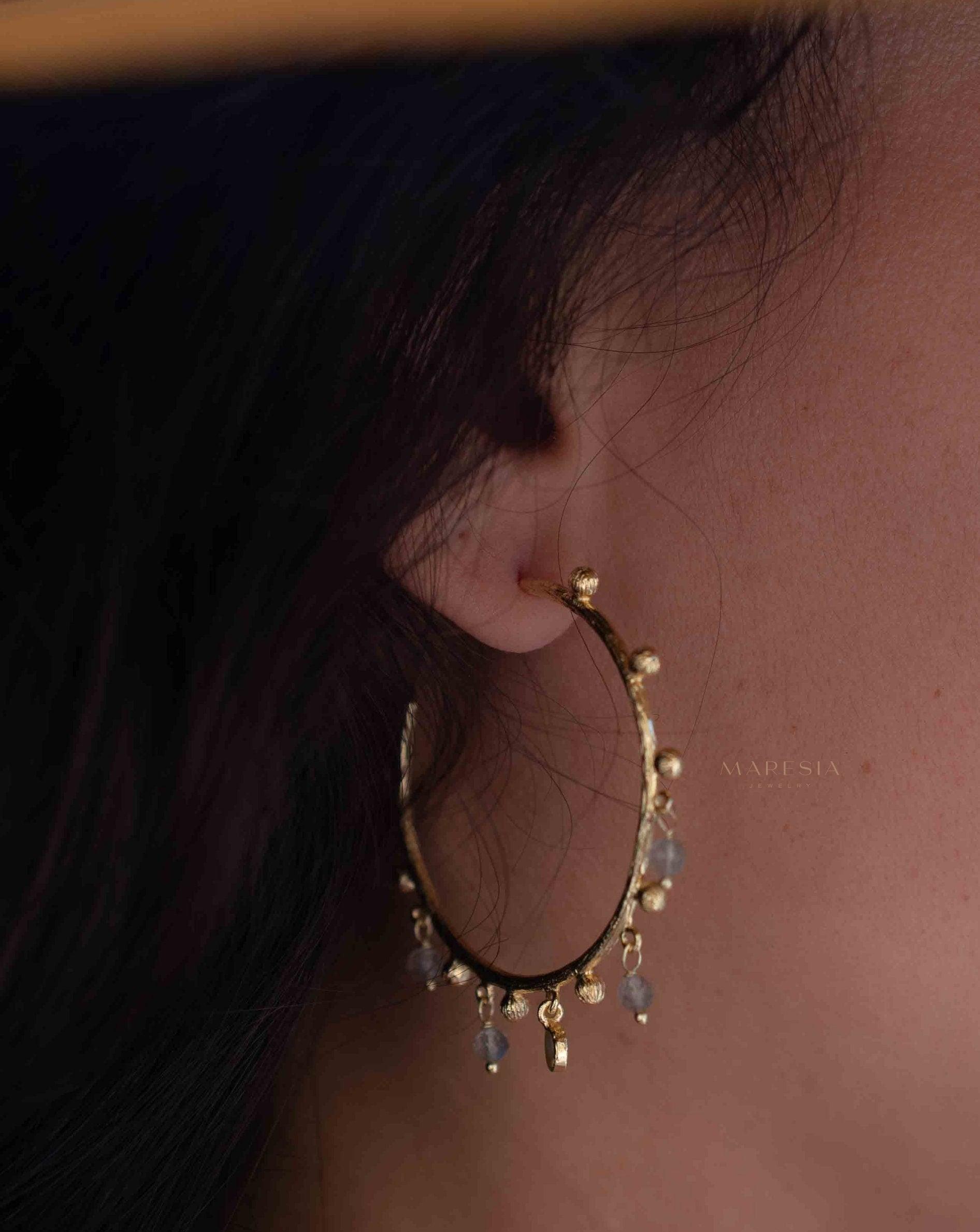 Labradorite Hoop Earrings 18k Gold Plated Earrings ~ Gemstone ~ Post ~Boho design ~ Handmade ~ Jewelry ~ Gift for her ~ ME212