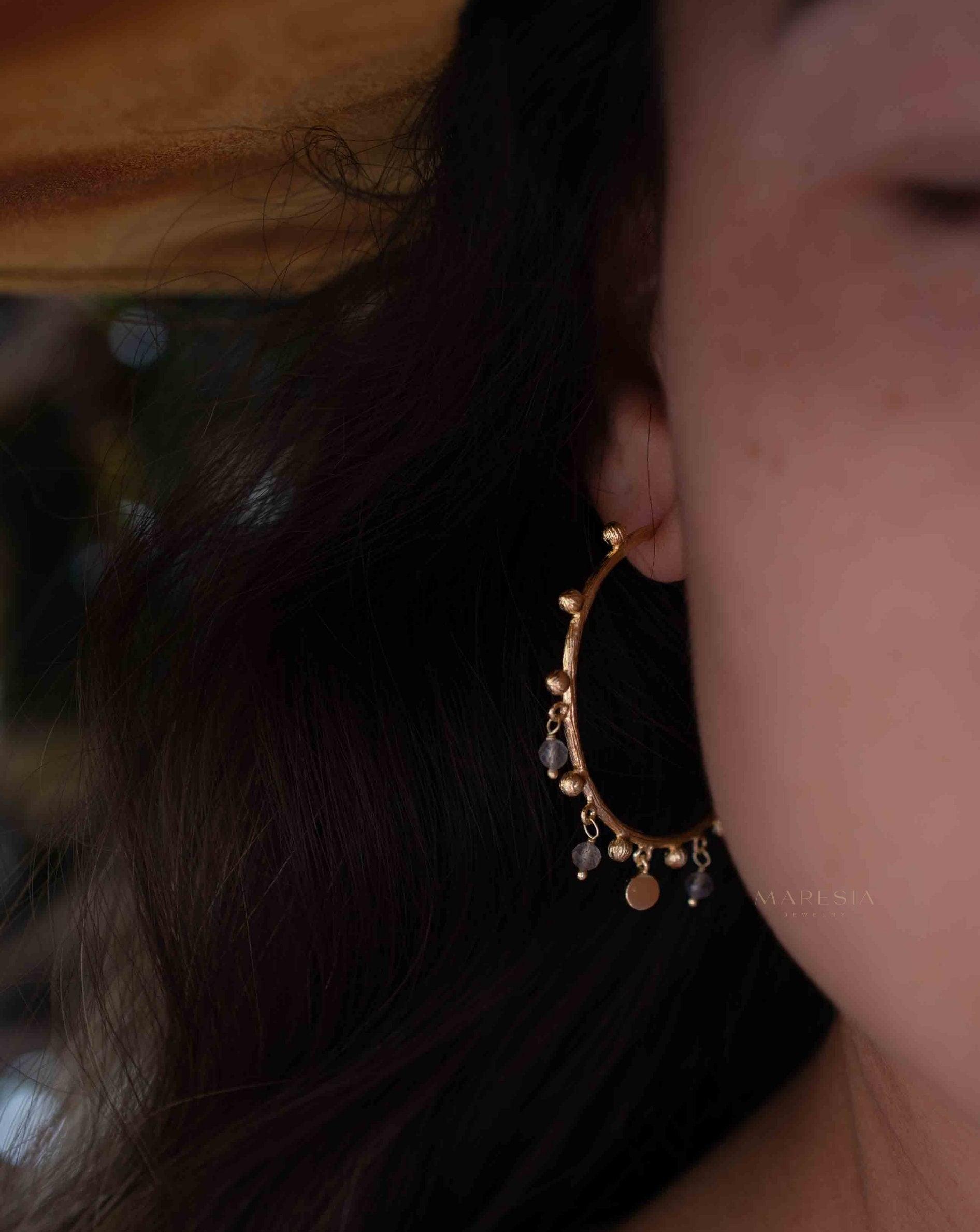 Labradorite Hoop Earrings 18k Gold Plated Earrings ~ Gemstone ~ Post ~Boho design ~ Handmade ~ Jewelry ~ Gift for her ~ ME212