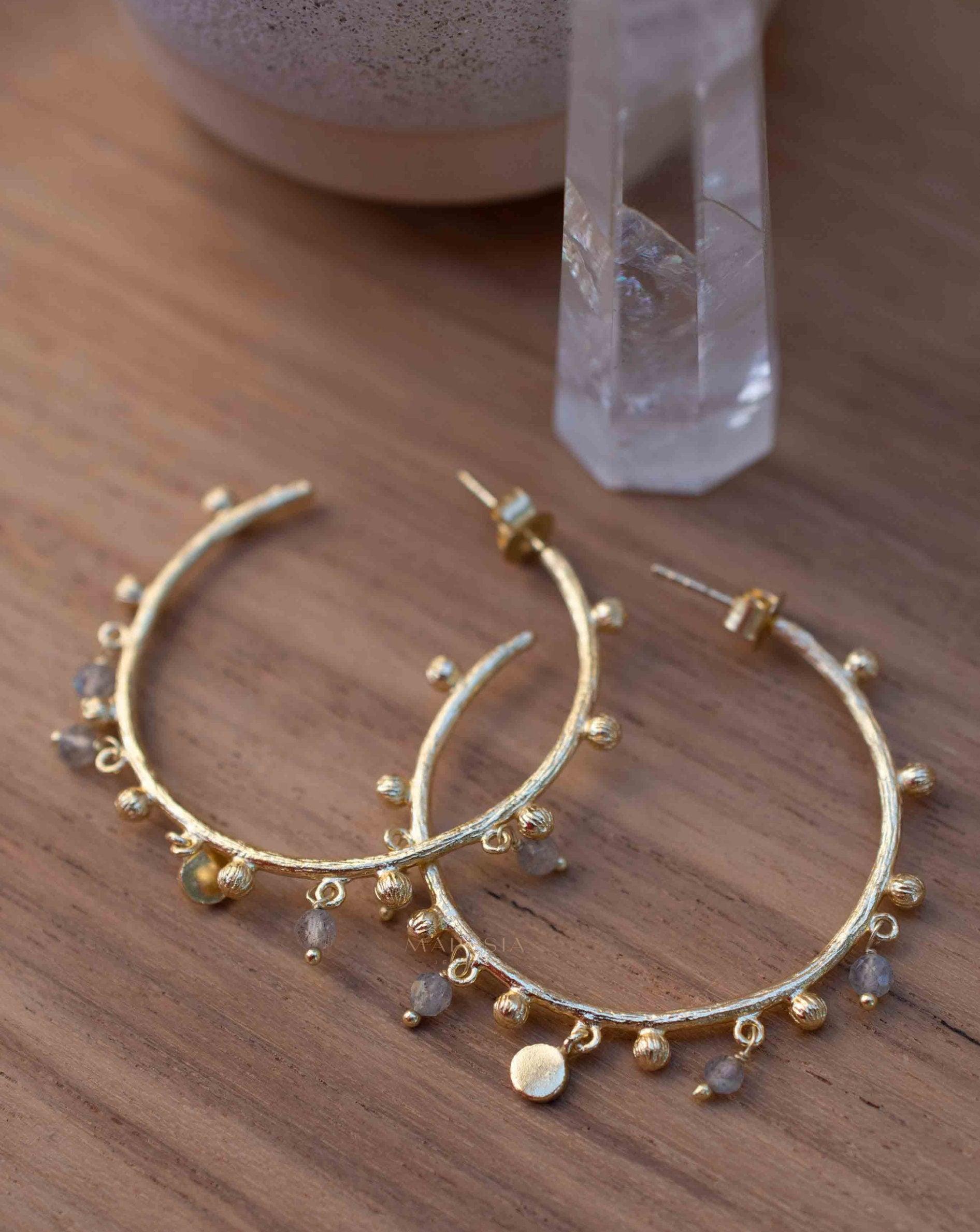 Labradorite Hoop Earrings 18k Gold Plated Earrings ~ Gemstone ~ Post ~Boho design ~ Handmade ~ Jewelry ~ Gift for her ~ ME212