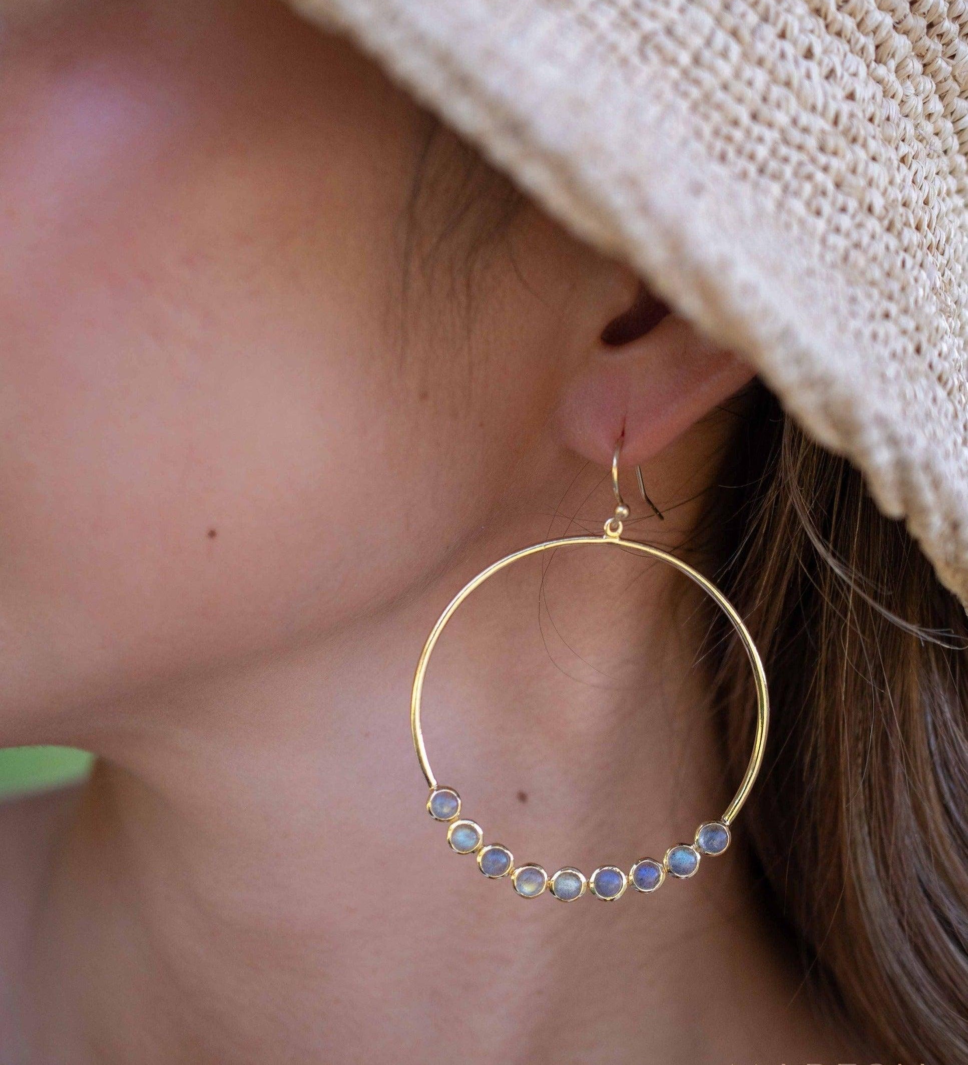 Labradorite Large Round 18k Gold Plated Earrings ~ Gemstone ~ Dangle Earrings ~Boho design ~ Handmade ~ Jewelry ~ Gift for her ~ ME210