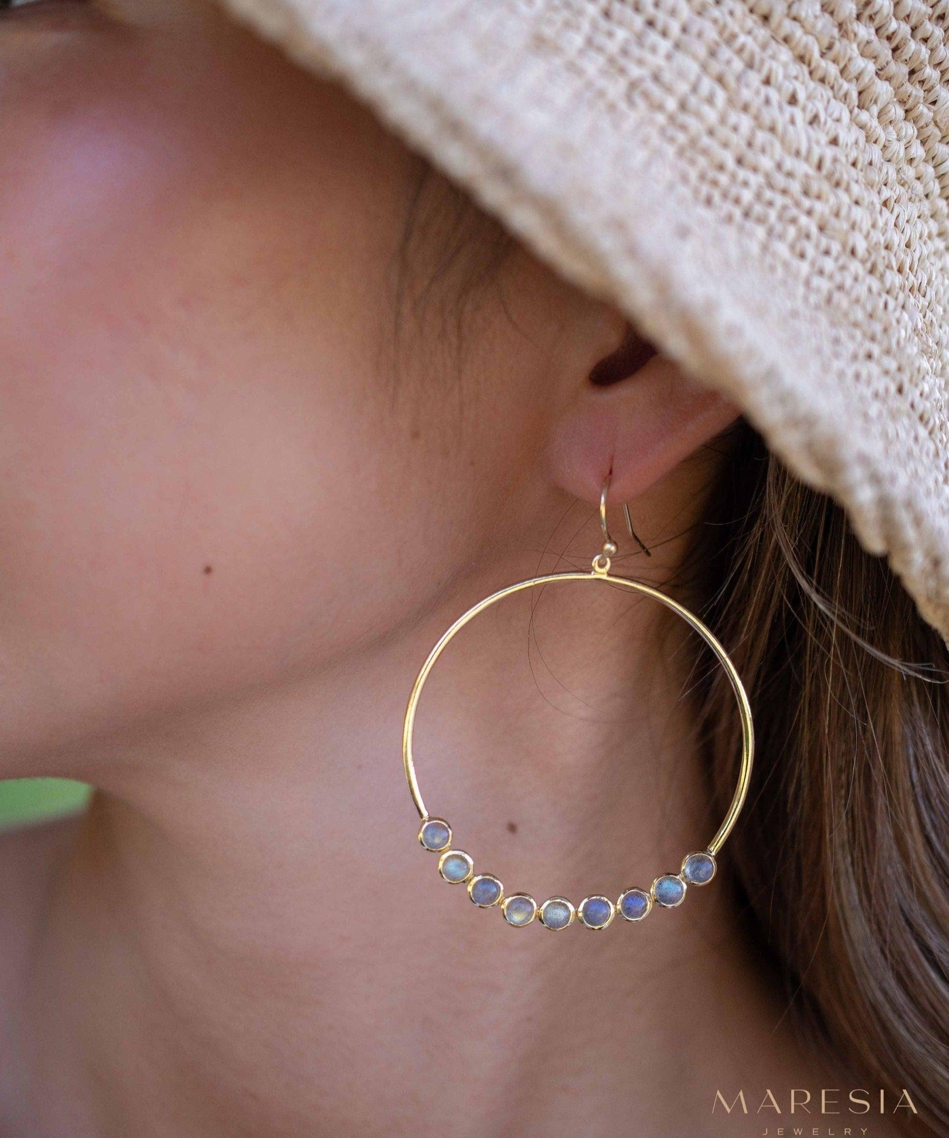 Labradorite Large Round 18k Gold Plated Earrings ~ Gemstone ~ Dangle Earrings ~Boho design ~ Handmade ~ Jewelry ~ Gift for her ~ ME210