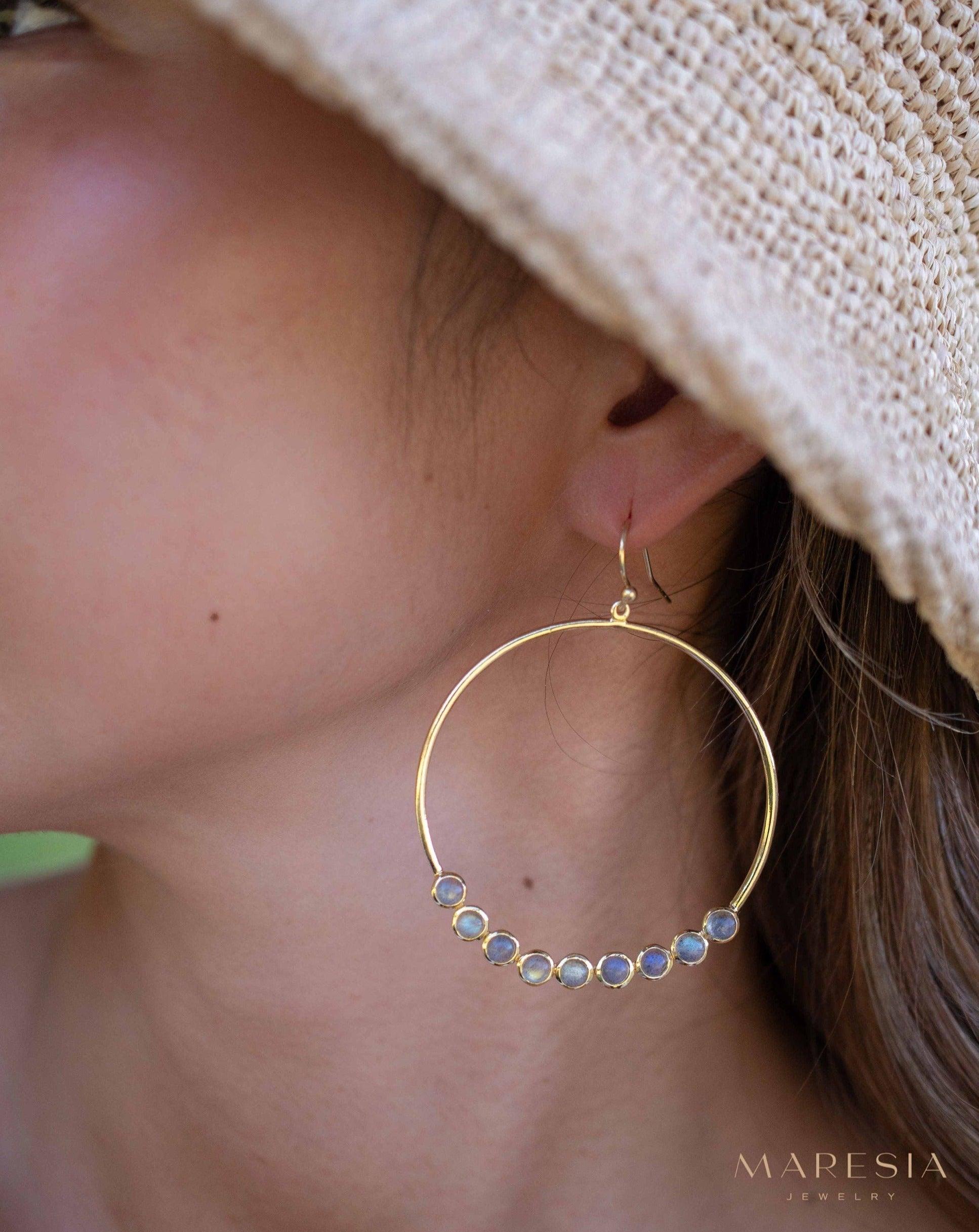 Labradorite Large Round 18k Gold Plated Earrings ~ Gemstone ~ Dangle Earrings ~Boho design ~ Handmade ~ Jewelry ~ Gift for her ~ ME210