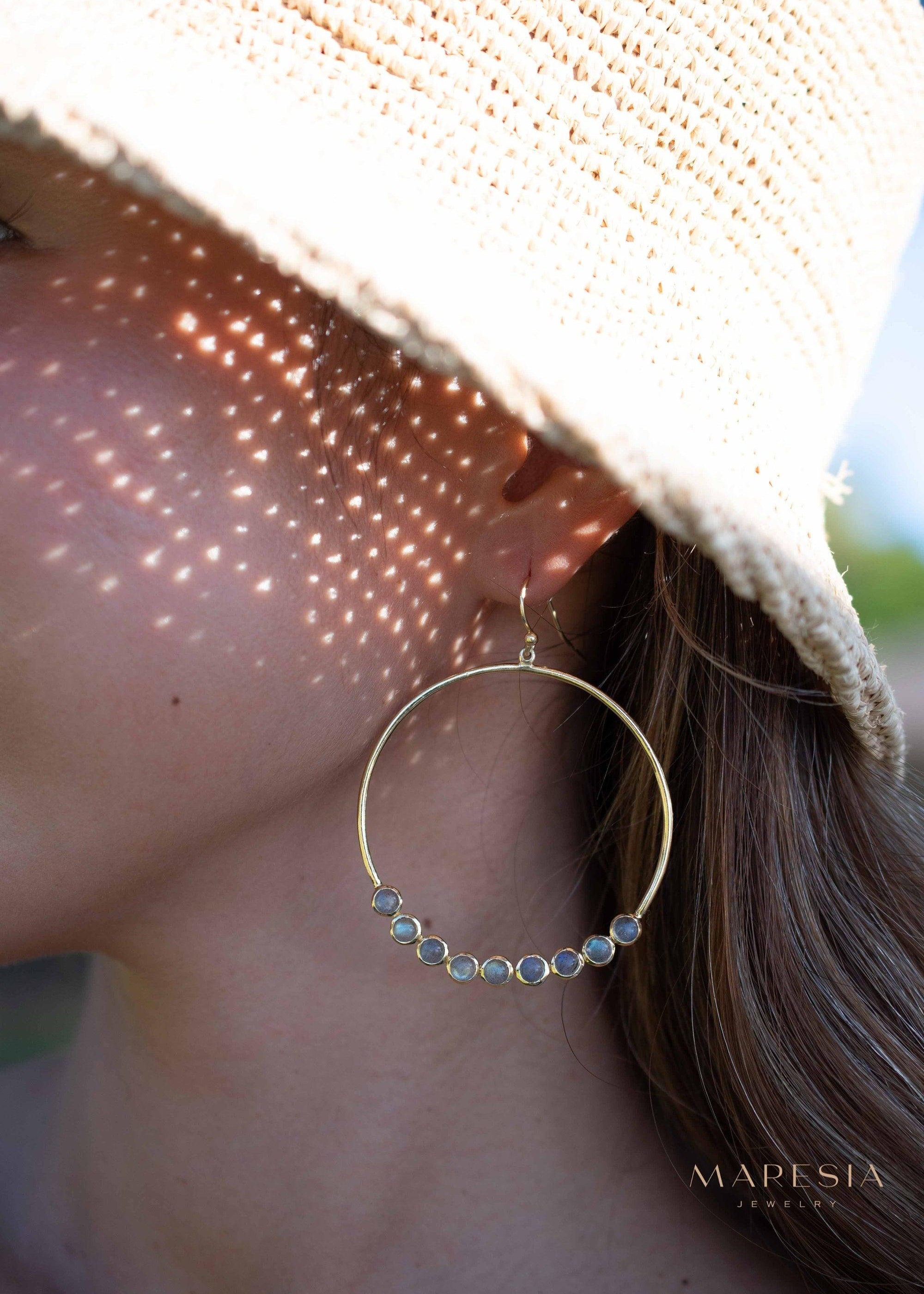 Labradorite Large Round 18k Gold Plated Earrings ~ Gemstone ~ Dangle Earrings ~Boho design ~ Handmade ~ Jewelry ~ Gift for her ~ ME210