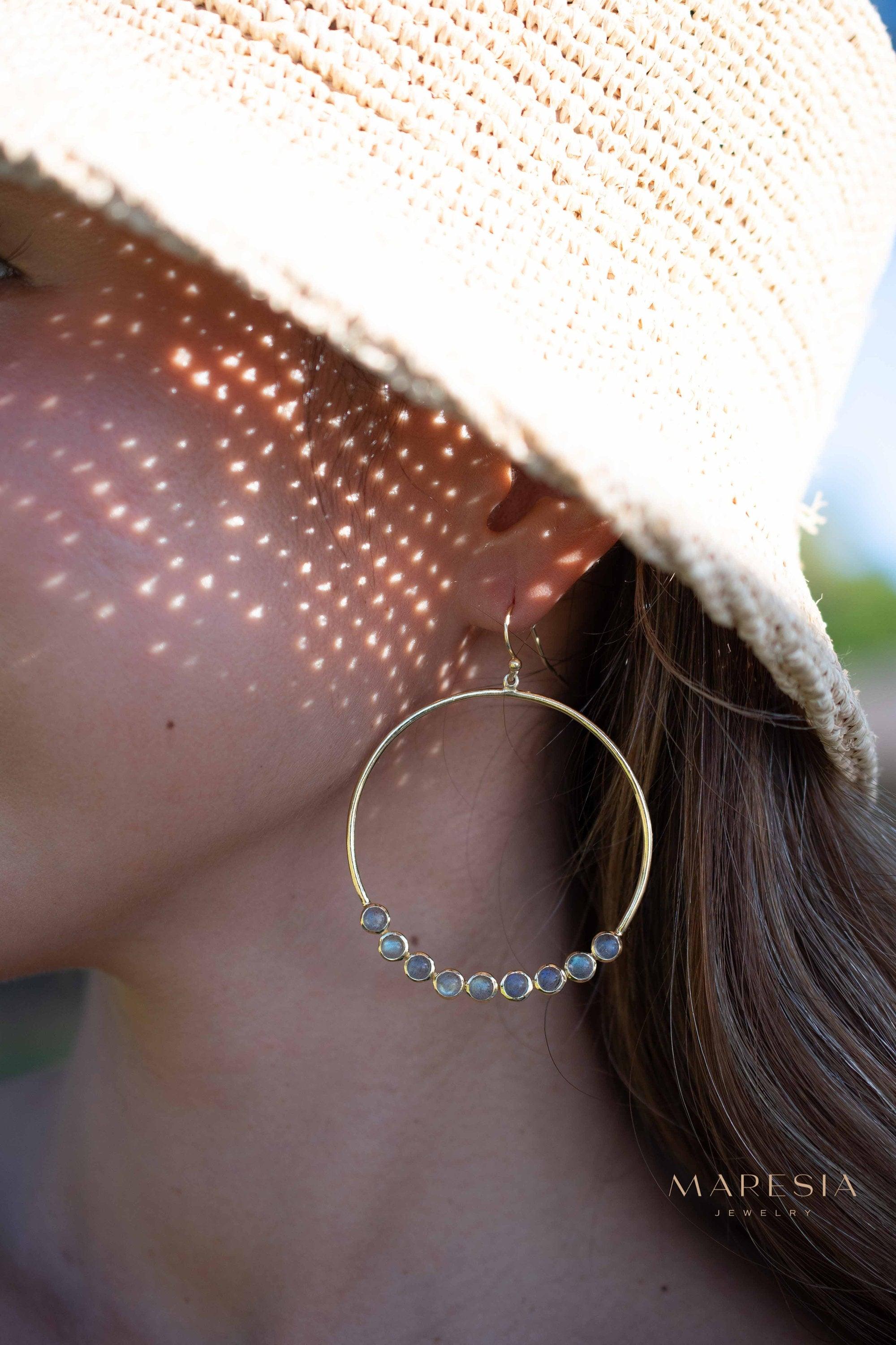 Labradorite Large Round 18k Gold Plated Earrings ~ Gemstone ~ Dangle Earrings ~Boho design ~ Handmade ~ Jewelry ~ Gift for her ~ ME210