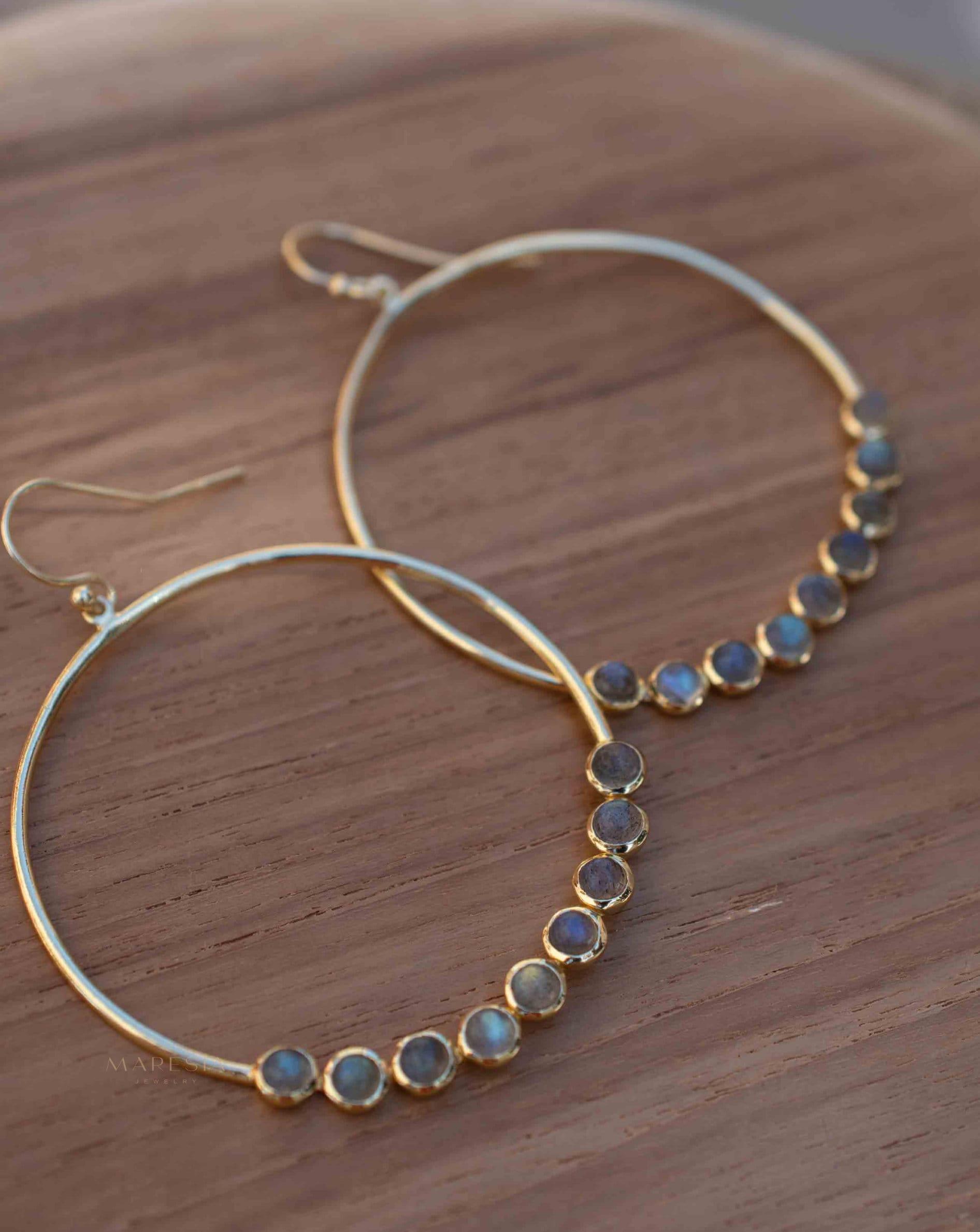Labradorite Large Round 18k Gold Plated Earrings ~ Gemstone ~ Dangle Earrings ~Boho design ~ Handmade ~ Jewelry ~ Gift for her ~ ME210