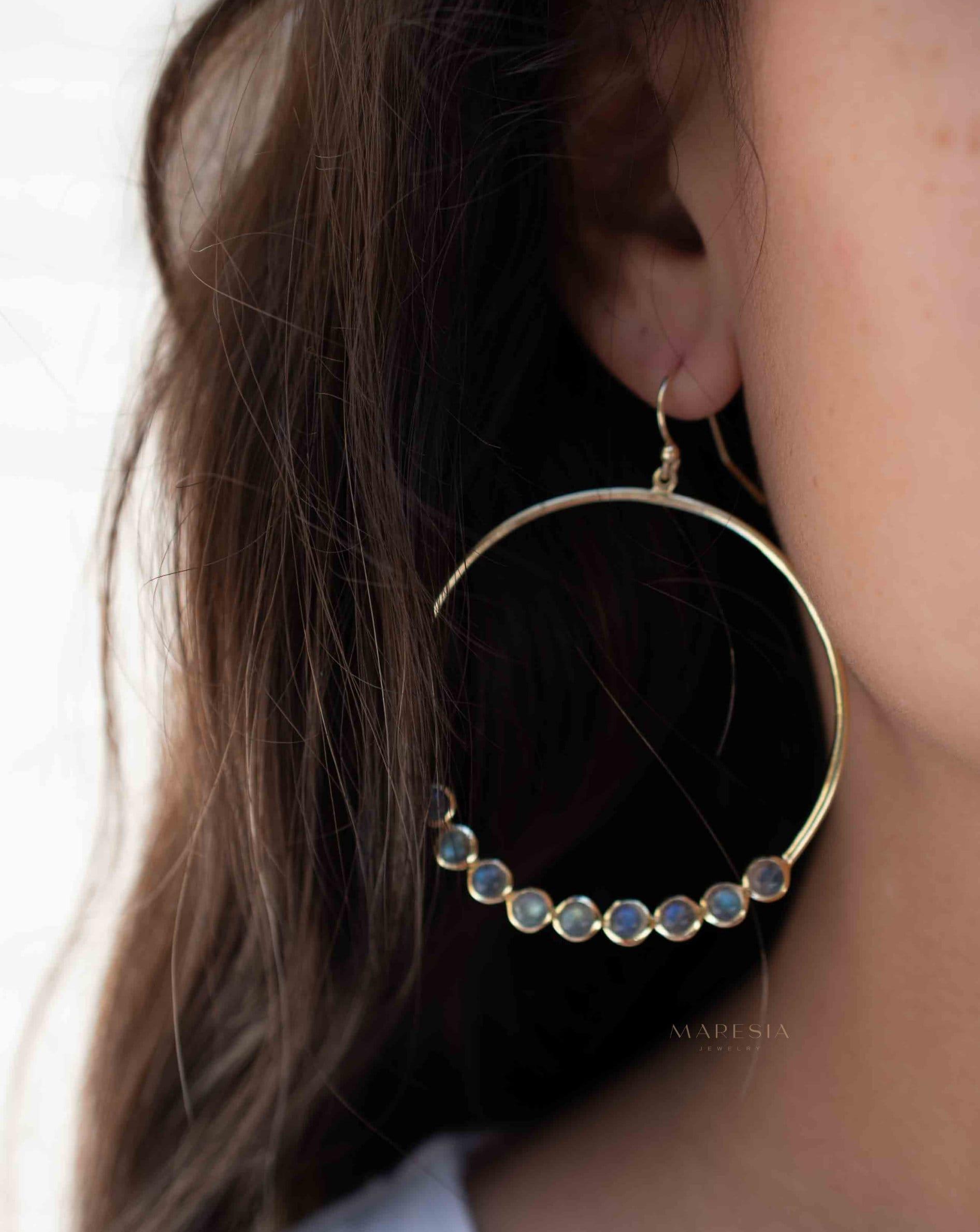 Labradorite Large Round 18k Gold Plated Earrings ~ Gemstone ~ Dangle Earrings ~Boho design ~ Handmade ~ Jewelry ~ Gift for her ~ ME210
