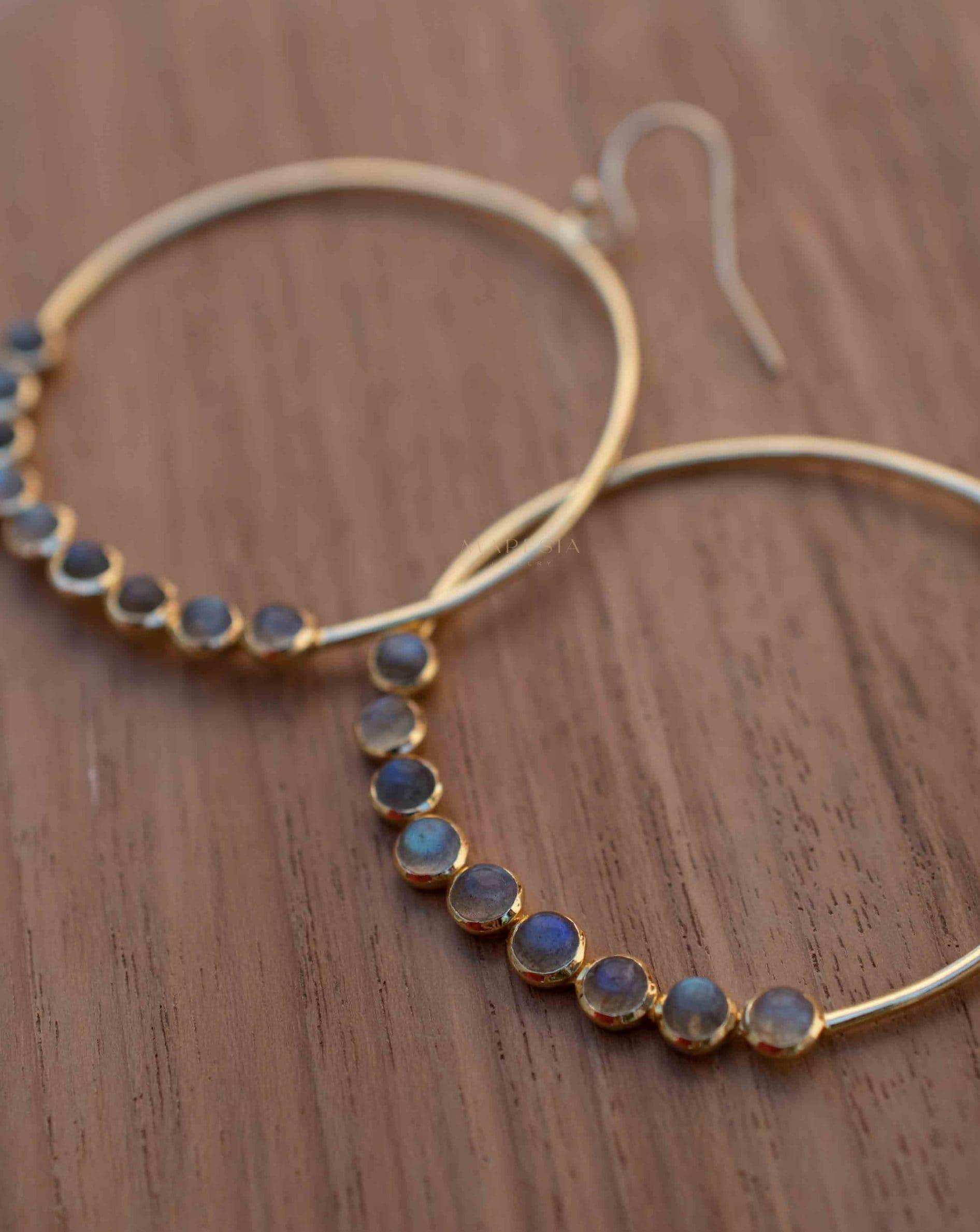 Labradorite Large Round 18k Gold Plated Earrings ~ Gemstone ~ Dangle Earrings ~Boho design ~ Handmade ~ Jewelry ~ Gift for her ~ ME210