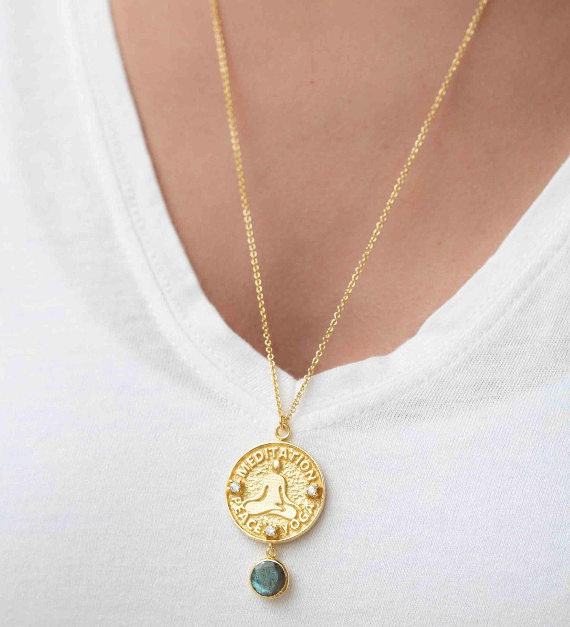 Labradorite, Moonstone or Aqua Chalcedony Meditation Peace Yoga Necklace ~ Charm ~ Gold plated 18k ~ Bohemian ~ Cubic zirconia ~ MN117
