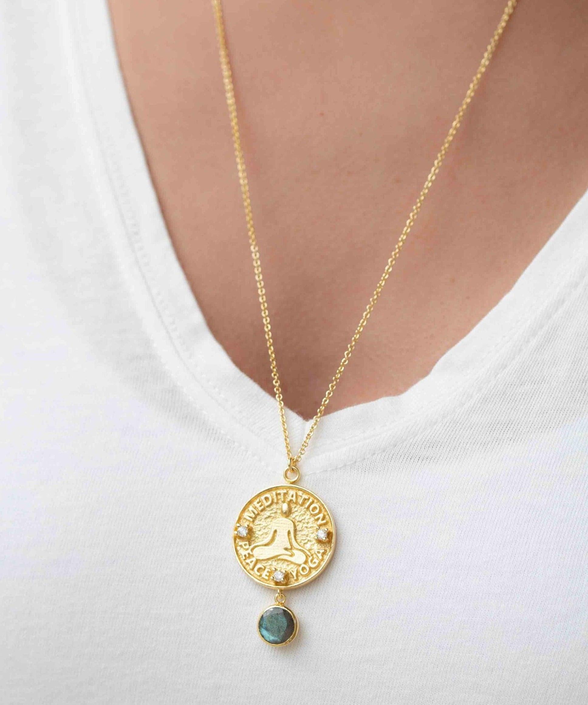 Labradorite, Moonstone or Aqua Chalcedony Meditation Peace Yoga Necklace ~ Charm ~ Gold plated 18k ~ Bohemian ~ Cubic zirconia ~ MN117