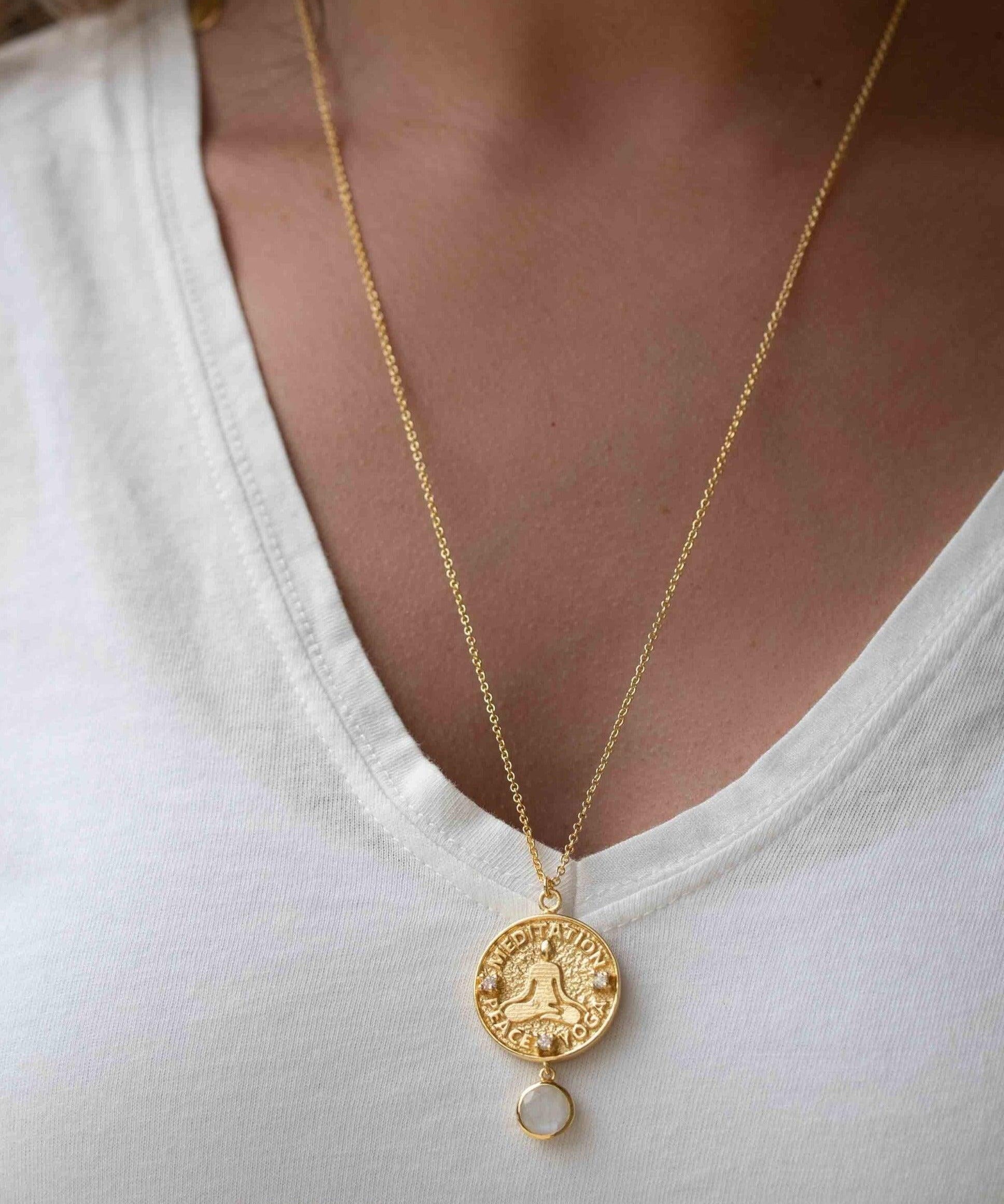 Labradorite, Moonstone or Aqua Chalcedony Meditation Peace Yoga Necklace ~ Charm ~ Gold plated 18k ~ Bohemian ~ Cubic zirconia ~ MN117