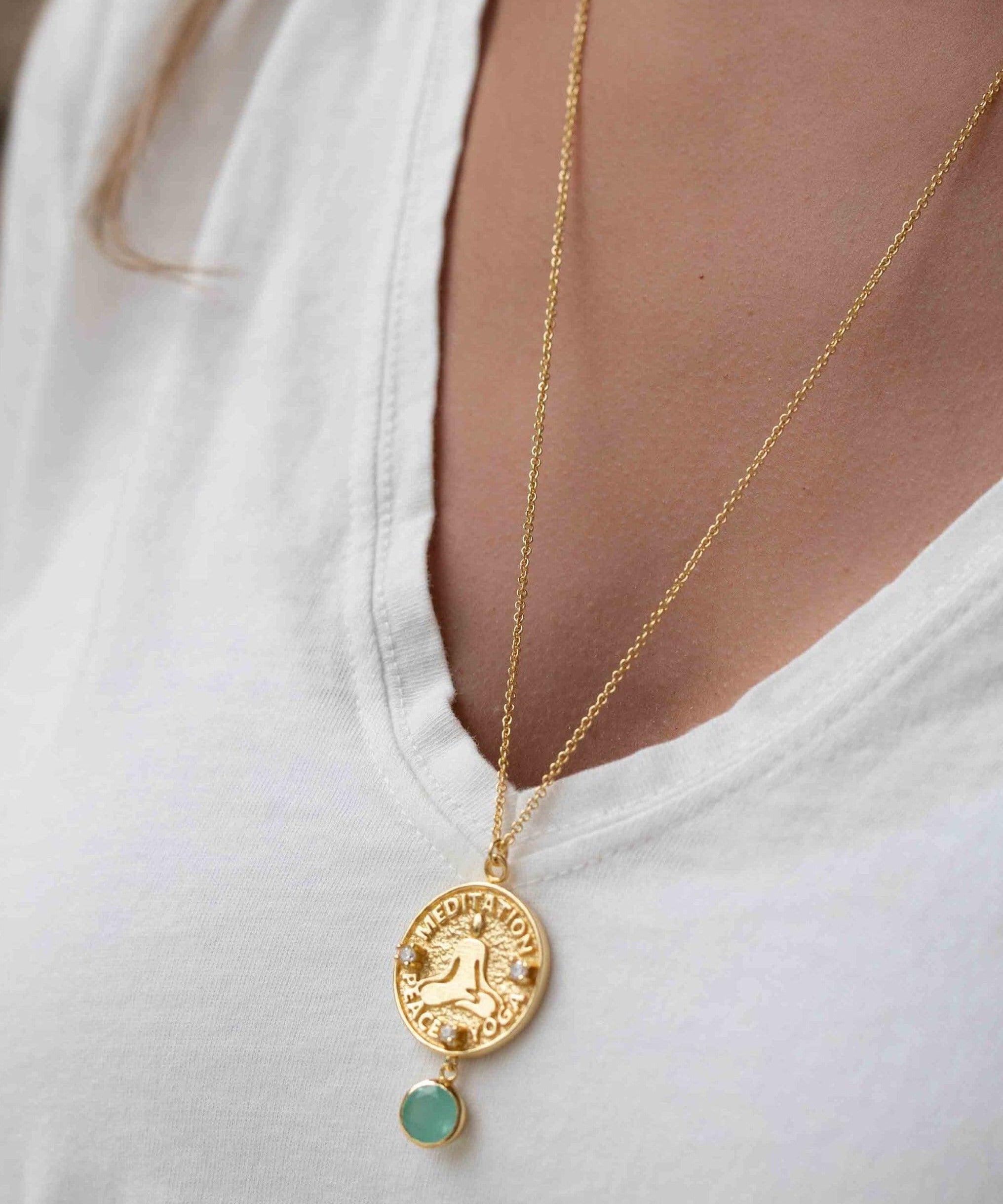 Labradorite, Moonstone or Aqua Chalcedony Meditation Peace Yoga Necklace ~ Charm ~ Gold plated 18k ~ Bohemian ~ Cubic zirconia ~ MN117