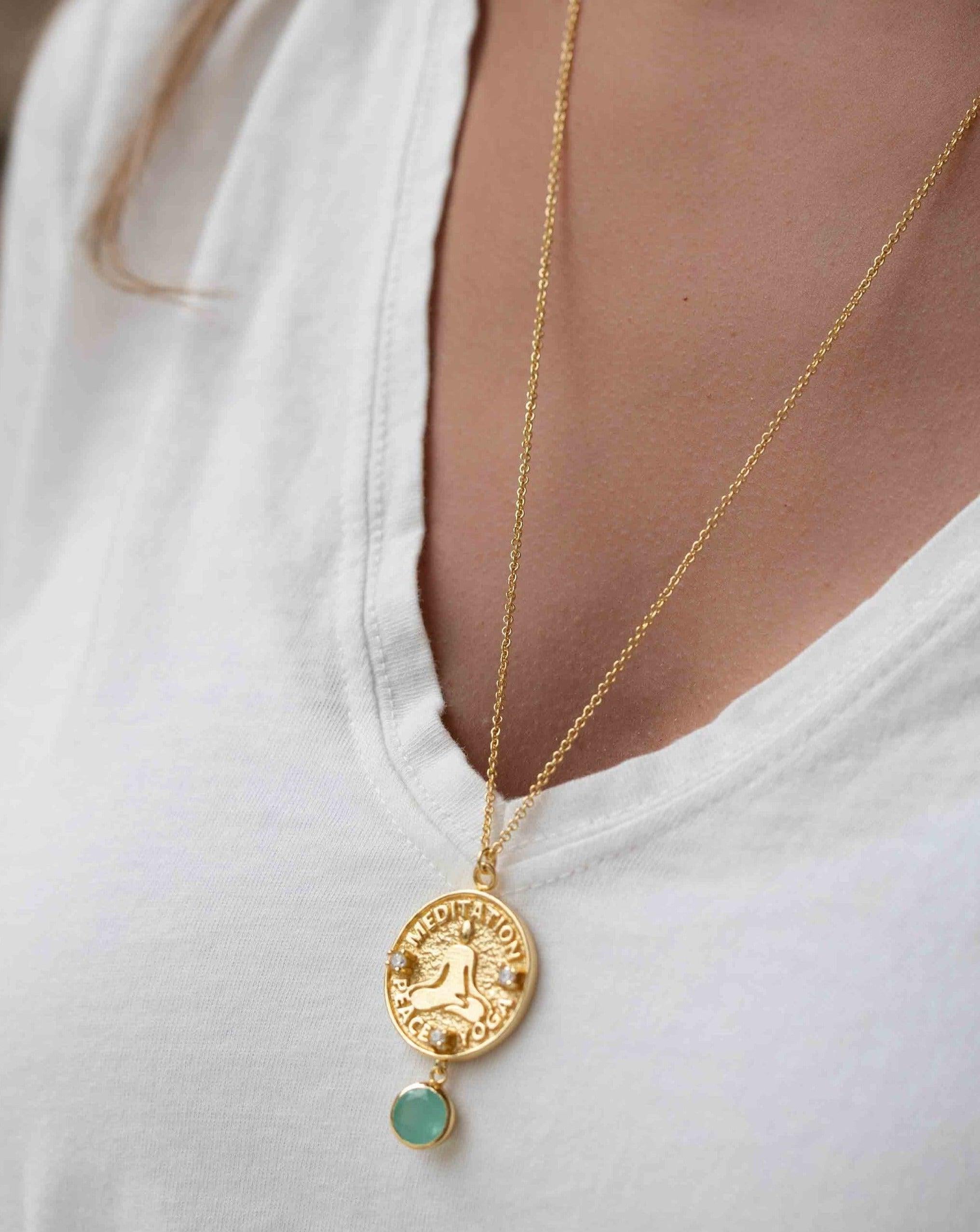 Labradorite, Moonstone or Aqua Chalcedony Meditation Peace Yoga Necklace ~ Charm ~ Gold plated 18k ~ Bohemian ~ Cubic zirconia ~ MN117
