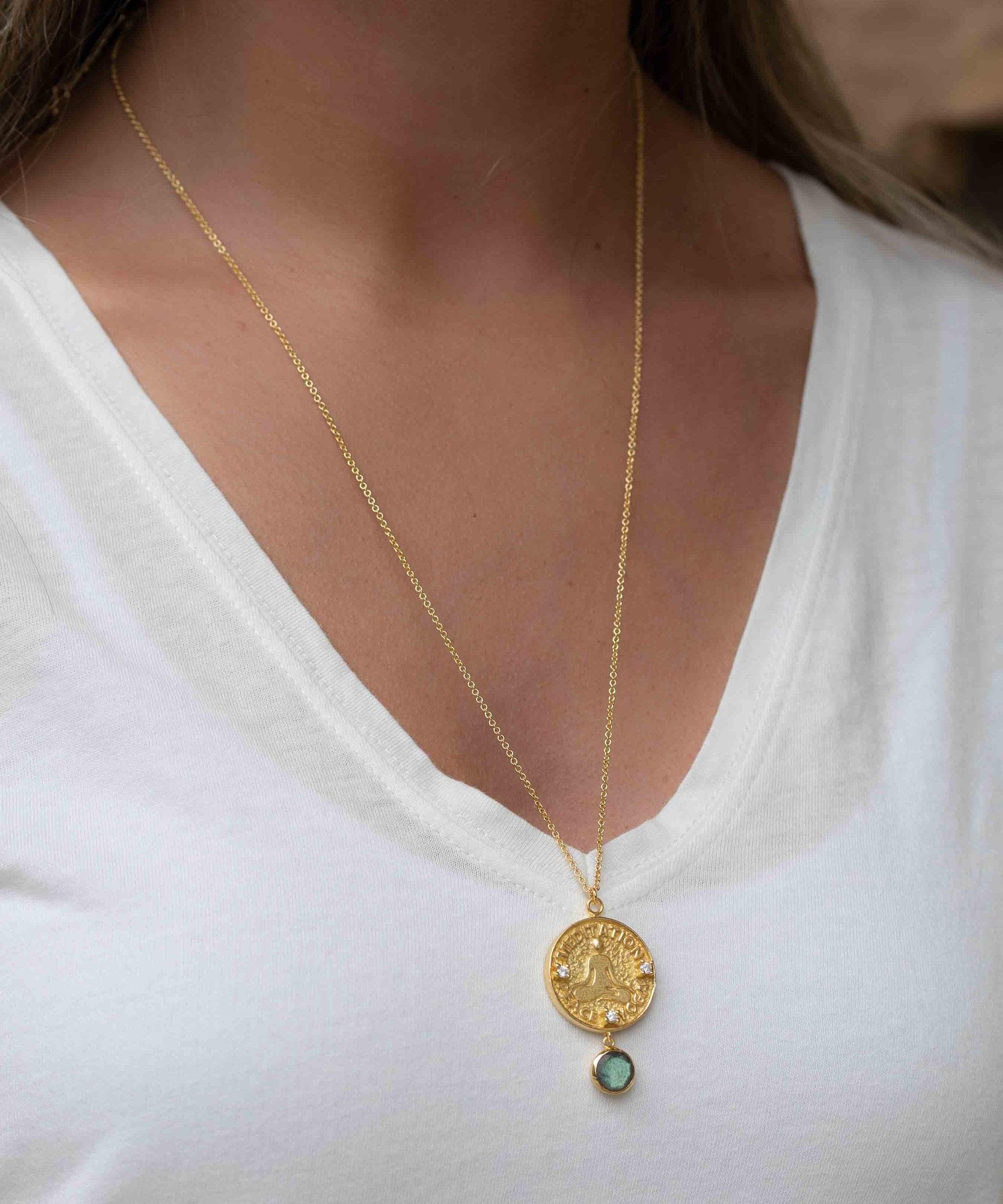 Labradorite, Moonstone or Aqua Chalcedony Meditation Peace Yoga Necklace ~ Charm ~ Gold plated 18k ~ Bohemian ~ Cubic zirconia ~ MN117