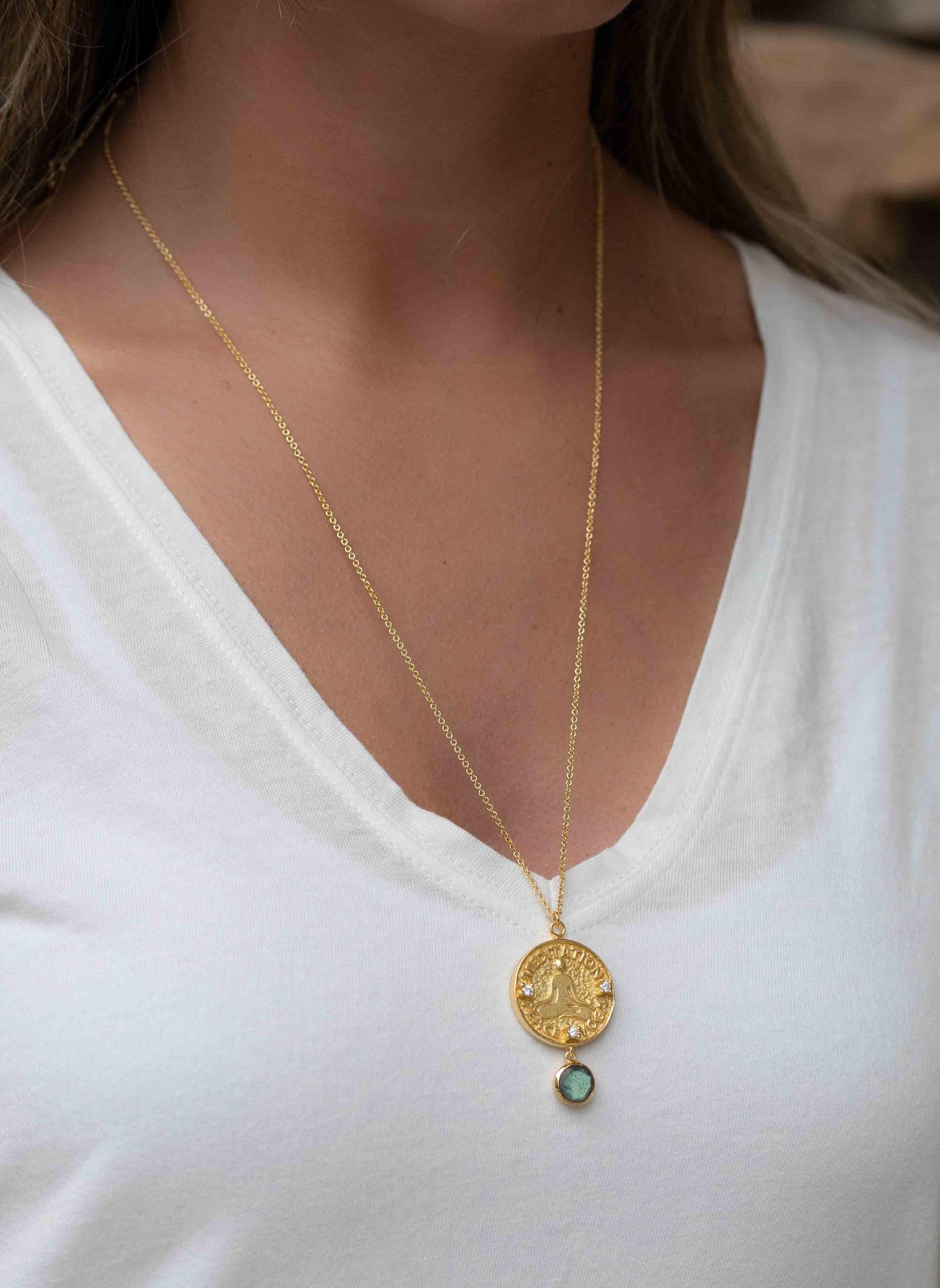 Labradorite, Moonstone or Aqua Chalcedony Meditation Peace Yoga Necklace ~ Charm ~ Gold plated 18k ~ Bohemian ~ Cubic zirconia ~ MN117