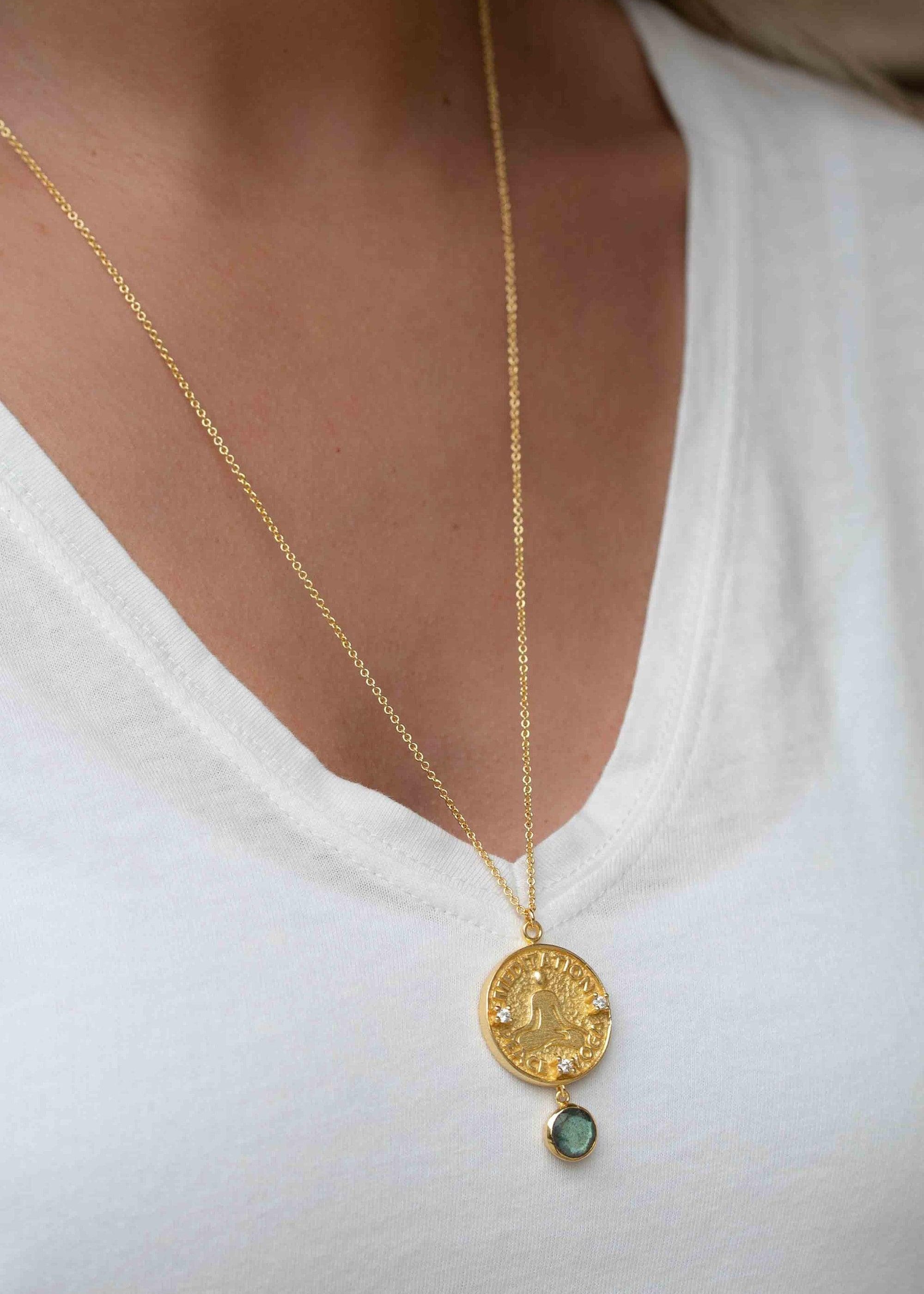 Labradorite, Moonstone or Aqua Chalcedony Meditation Peace Yoga Necklace ~ Charm ~ Gold plated 18k ~ Bohemian ~ Cubic zirconia ~ MN117