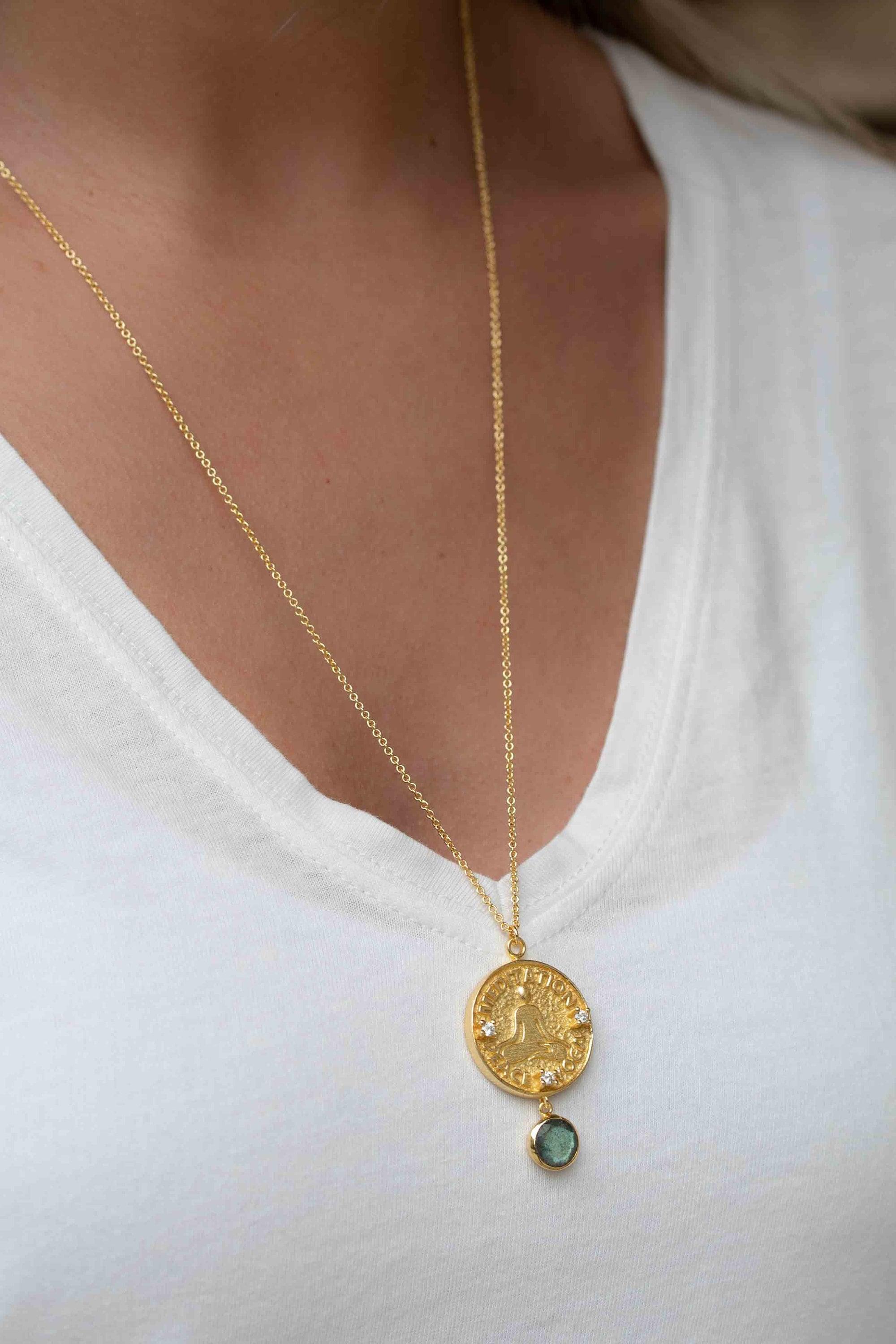 Labradorite, Moonstone or Aqua Chalcedony Meditation Peace Yoga Necklace ~ Charm ~ Gold plated 18k ~ Bohemian ~ Cubic zirconia ~ MN117