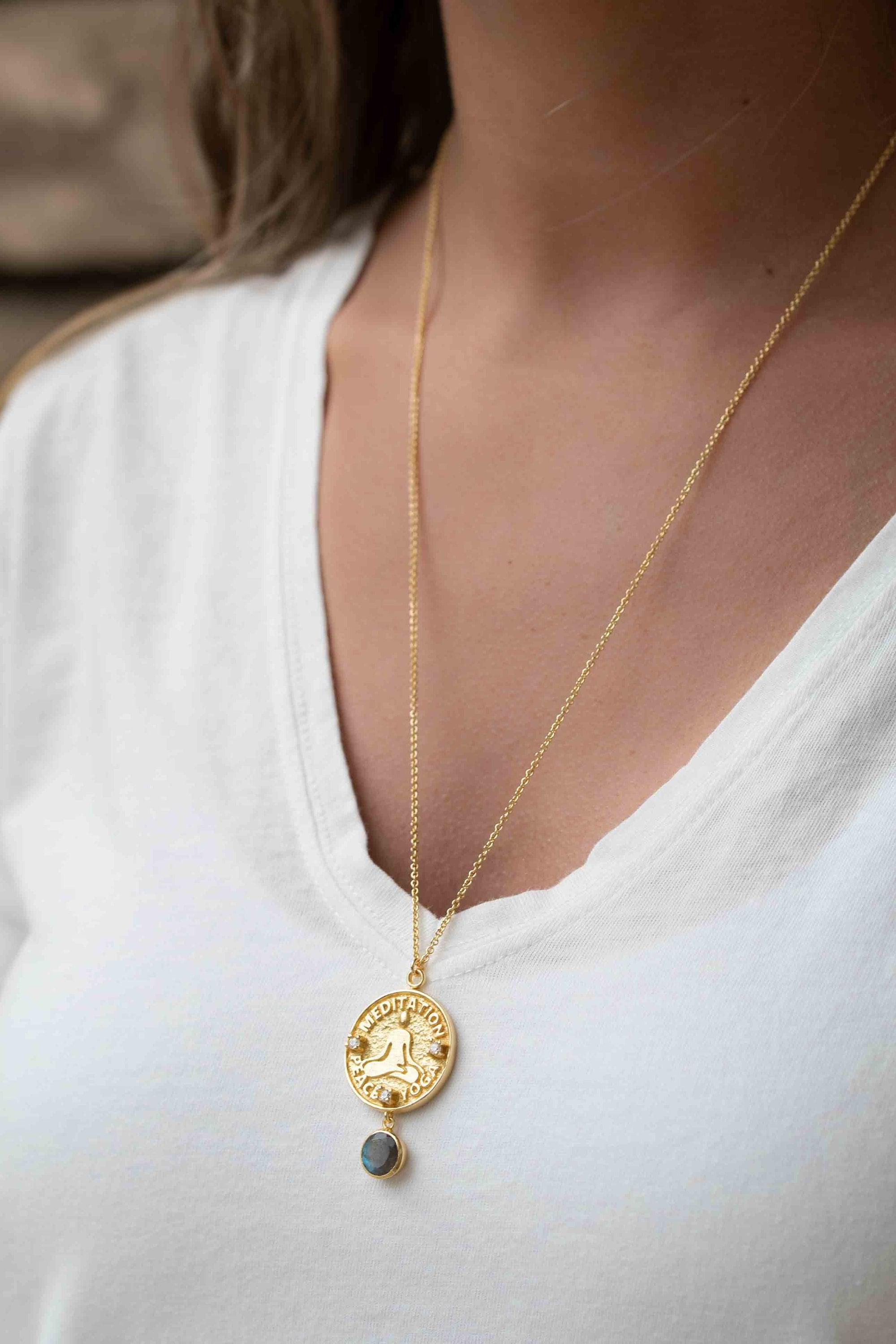 Labradorite, Moonstone or Aqua Chalcedony Meditation Peace Yoga Necklace ~ Charm ~ Gold plated 18k ~ Bohemian ~ Cubic zirconia ~ MN117