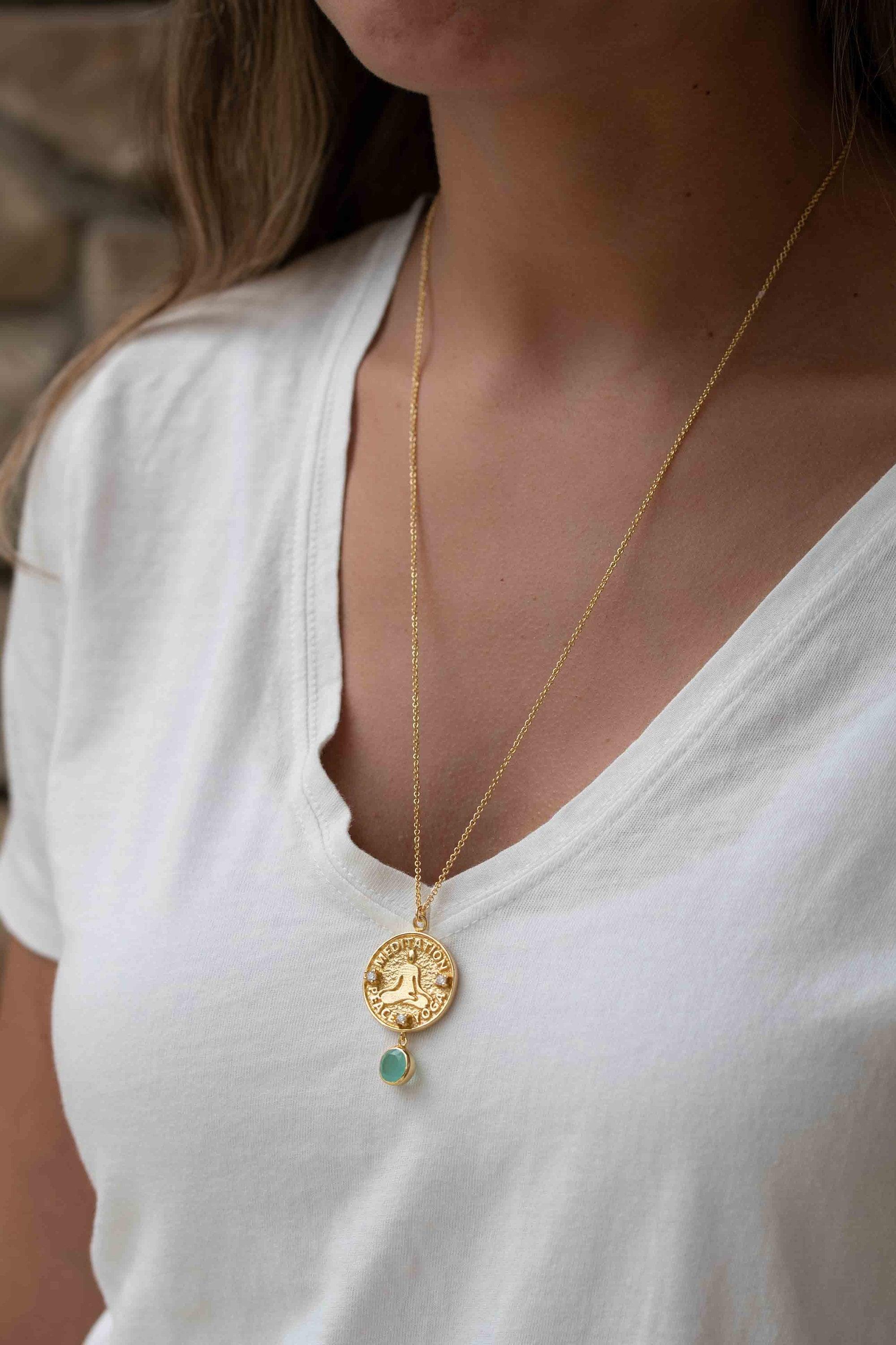 Labradorite, Moonstone or Aqua Chalcedony Meditation Peace Yoga Necklace ~ Charm ~ Gold plated 18k ~ Bohemian ~ Cubic zirconia ~ MN117