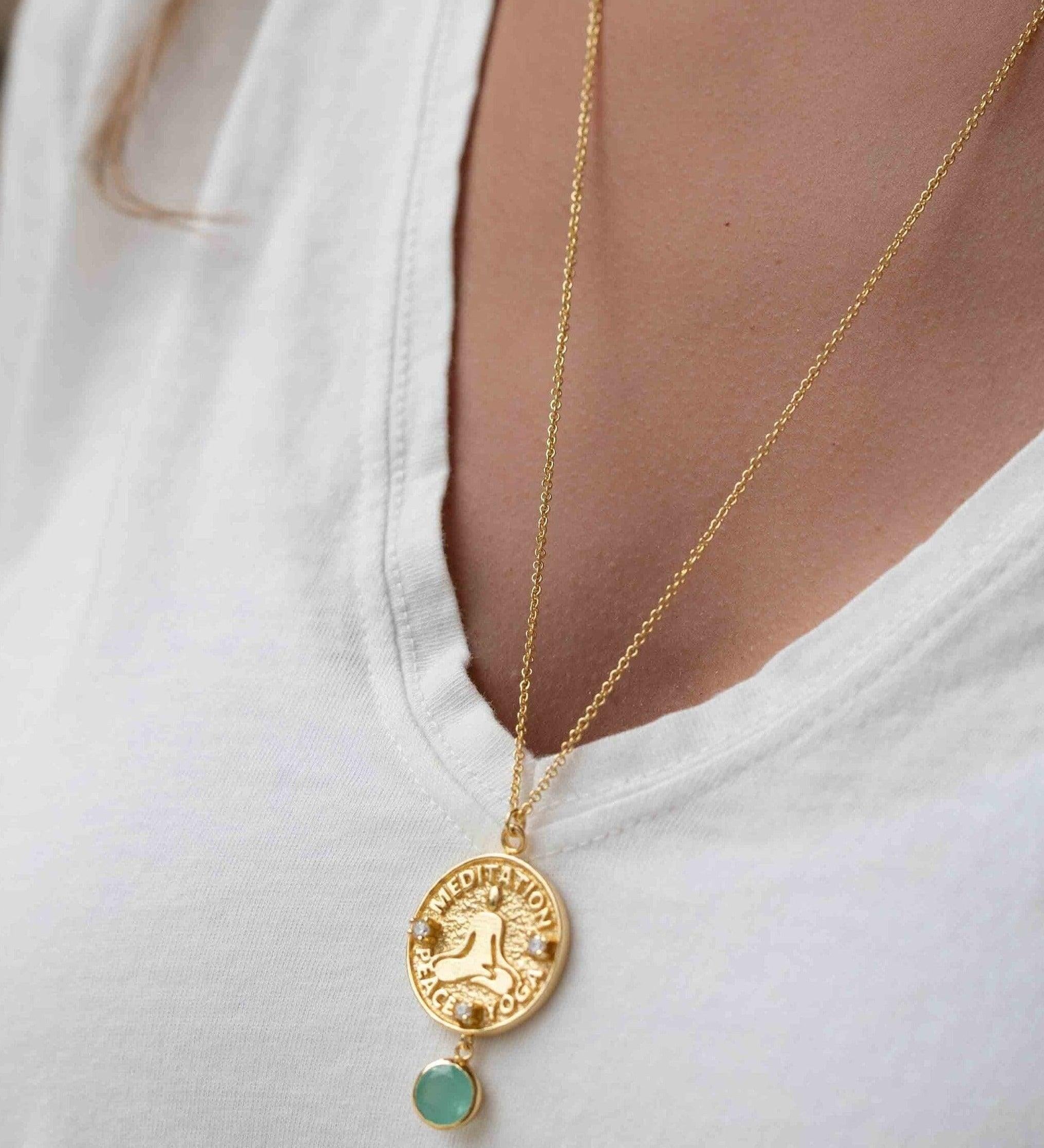 Labradorite, Moonstone or Aqua Chalcedony Meditation Peace Yoga Necklace ~ Charm ~ Gold plated 18k ~ Bohemian ~ Cubic zirconia ~ MN119