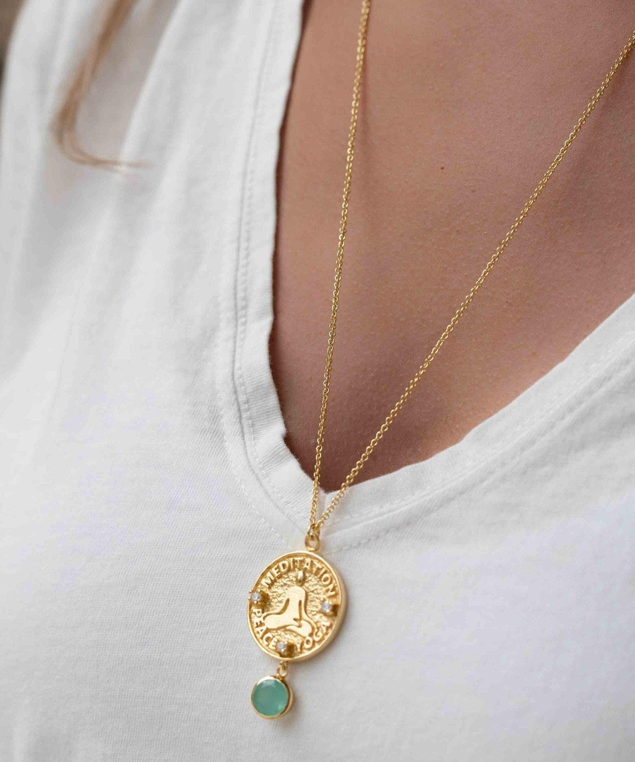 Labradorite, Moonstone or Aqua Chalcedony Meditation Peace Yoga Necklace ~ Charm ~ Gold plated 18k ~ Bohemian ~ Cubic zirconia ~ MN119