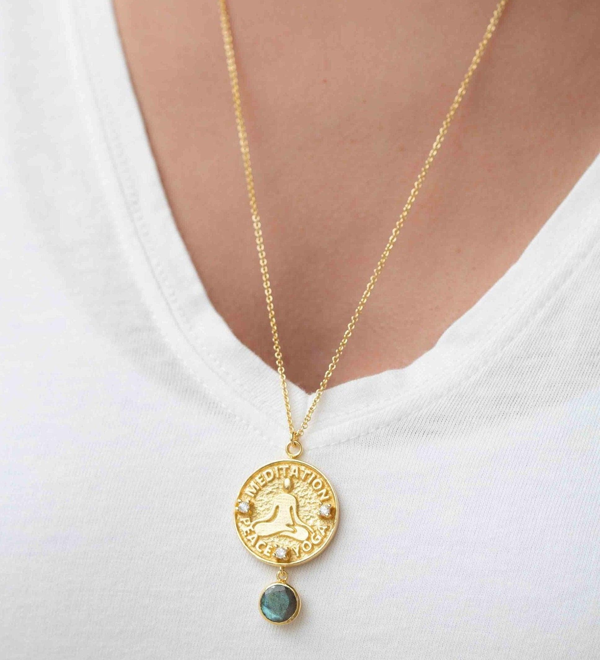 Labradorite, Moonstone or Aqua Chalcedony Meditation Peace Yoga Necklace ~ Charm ~ Gold plated 18k ~ Bohemian ~ Cubic zirconia ~ MN119