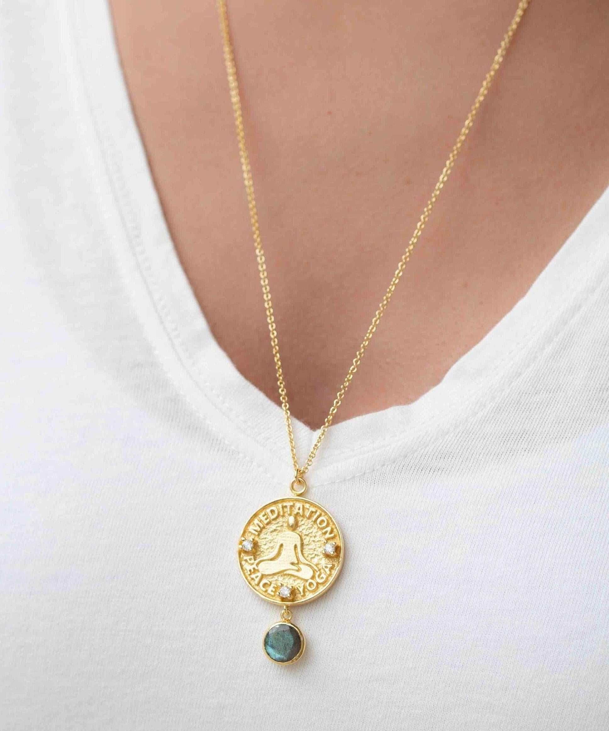 Labradorite, Moonstone or Aqua Chalcedony Meditation Peace Yoga Necklace ~ Charm ~ Gold plated 18k ~ Bohemian ~ Cubic zirconia ~ MN119