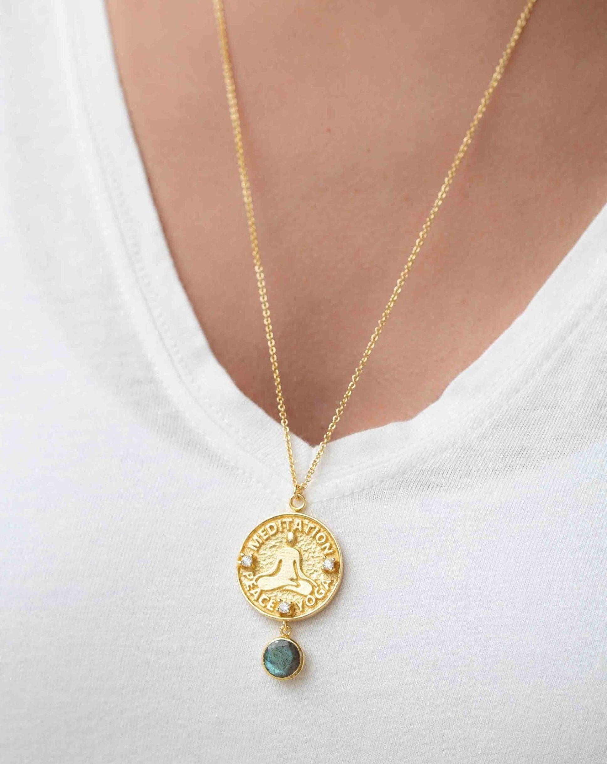 Labradorite, Moonstone or Aqua Chalcedony Meditation Peace Yoga Necklace ~ Charm ~ Gold plated 18k ~ Bohemian ~ Cubic zirconia ~ MN119