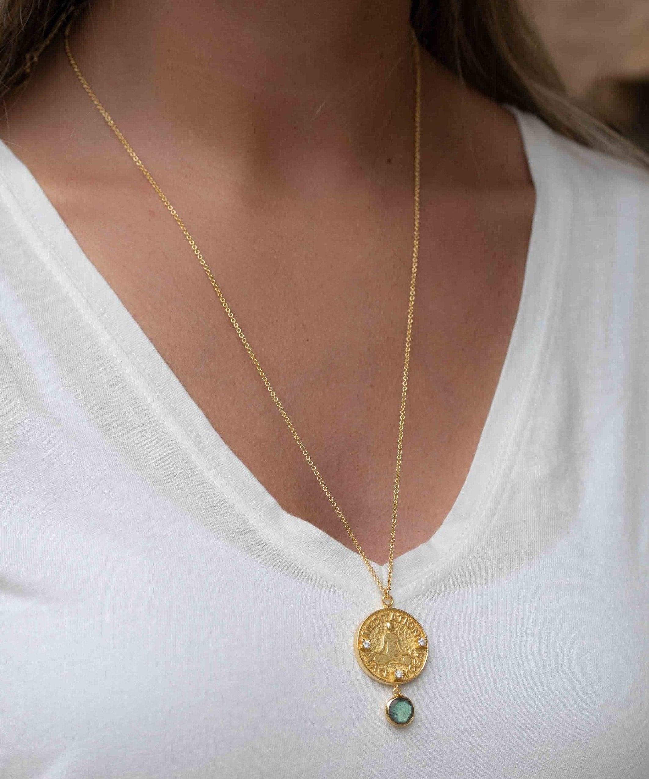 Labradorite, Moonstone or Aqua Chalcedony Meditation Peace Yoga Necklace ~ Charm ~ Gold plated 18k ~ Bohemian ~ Cubic zirconia ~ MN119