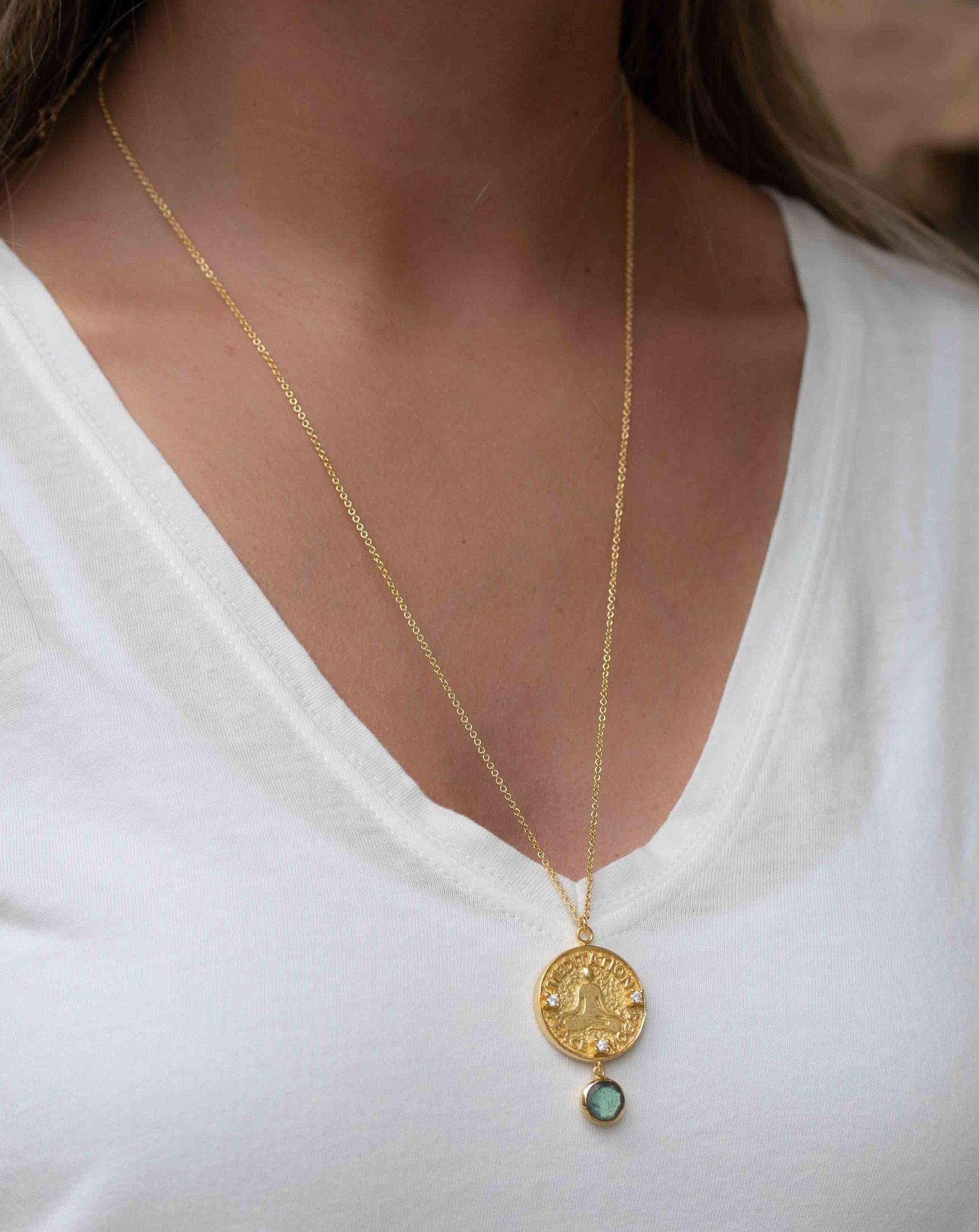 Labradorite, Moonstone or Aqua Chalcedony Meditation Peace Yoga Necklace ~ Charm ~ Gold plated 18k ~ Bohemian ~ Cubic zirconia ~ MN119