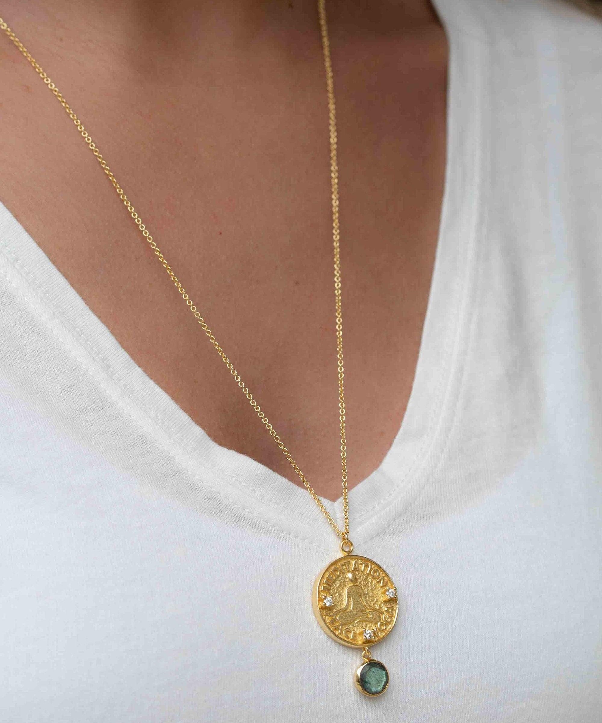 Labradorite, Moonstone or Aqua Chalcedony Meditation Peace Yoga Necklace ~ Charm ~ Gold plated 18k ~ Bohemian ~ Cubic zirconia ~ MN119