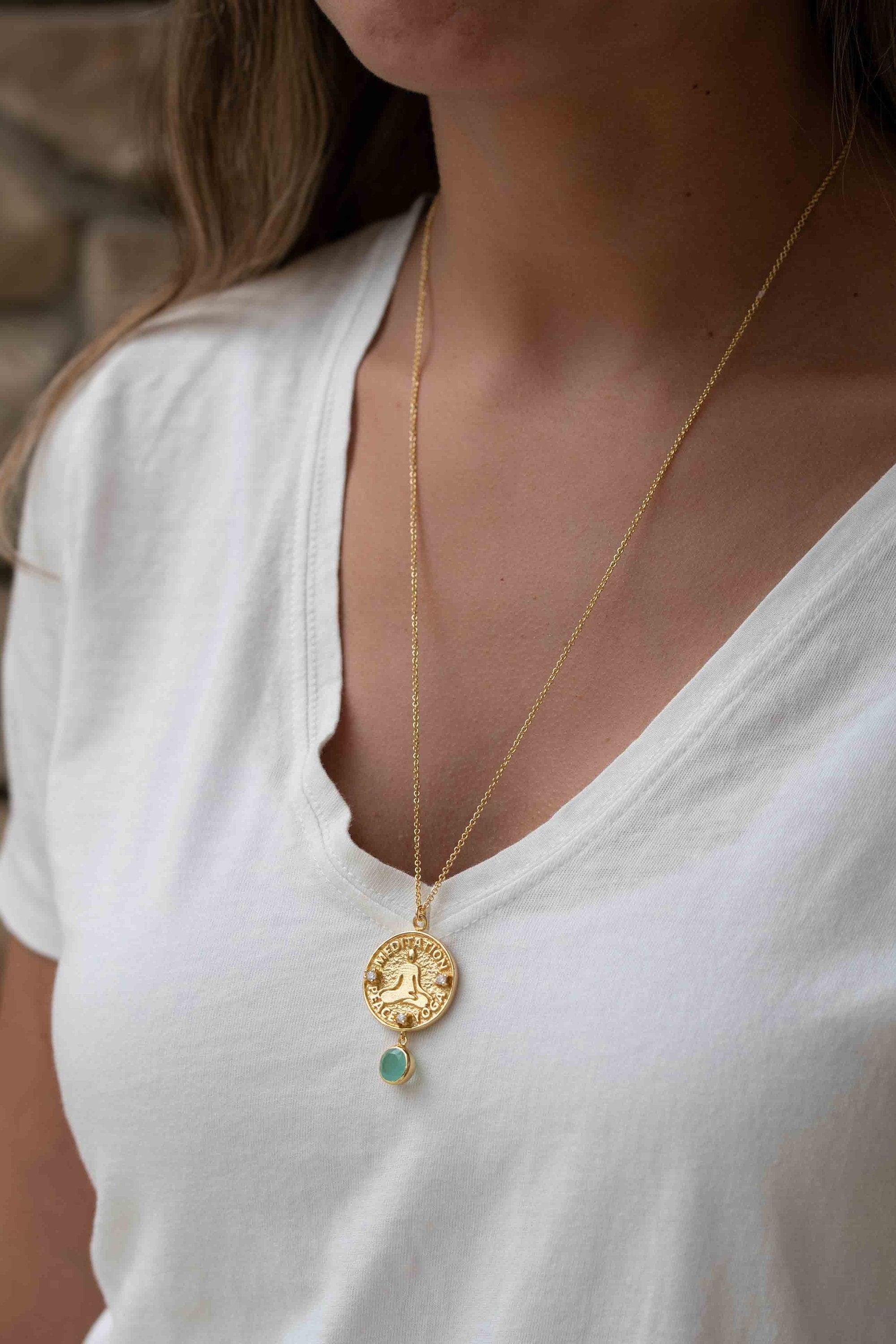 Labradorite, Moonstone or Aqua Chalcedony Meditation Peace Yoga Necklace ~ Charm ~ Gold plated 18k ~ Bohemian ~ Cubic zirconia ~ MN119