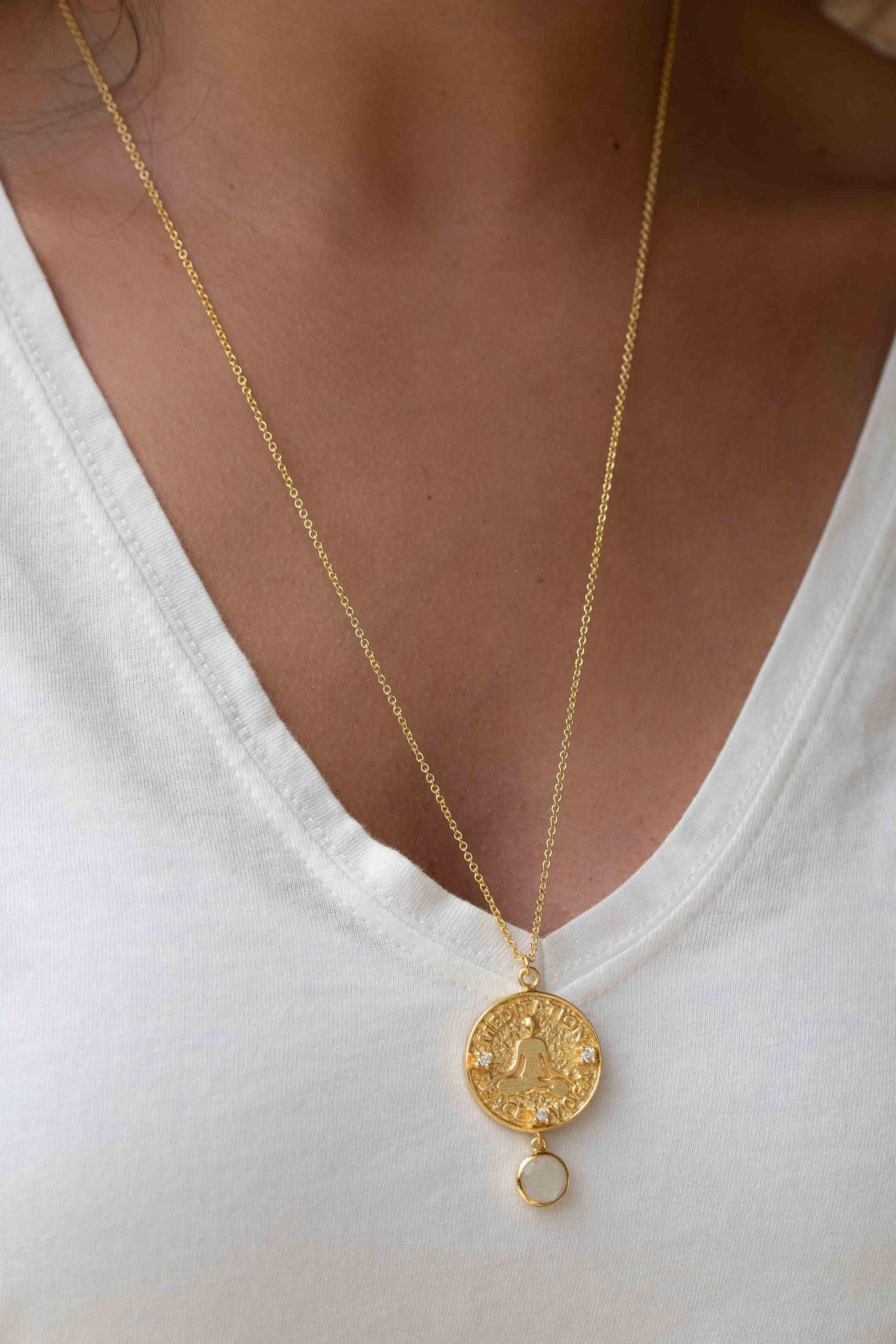 Labradorite, Moonstone or Aqua Chalcedony Meditation Peace Yoga Necklace ~ Charm ~ Gold plated 18k ~ Bohemian ~ Cubic zirconia ~ MN119