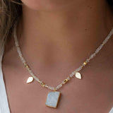 Labradorite, Moonstone or Rose Quartz Bead Necklace ~ Charm ~ Gold plated 18k ~ Bohemian ~ MN121