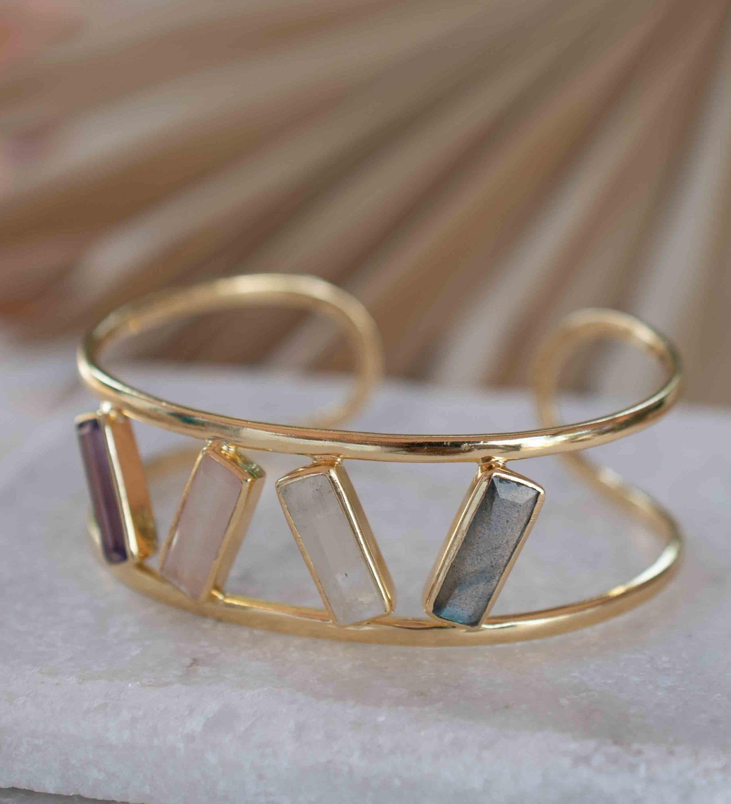 Labradorite, Moonstone, Rose Quartz & Amethyst Adjustable Bracelet ~ Gold Plated 18k ~ Handmade  ~Bohemian ~Jewelry ~Gift For Her ~ MB052