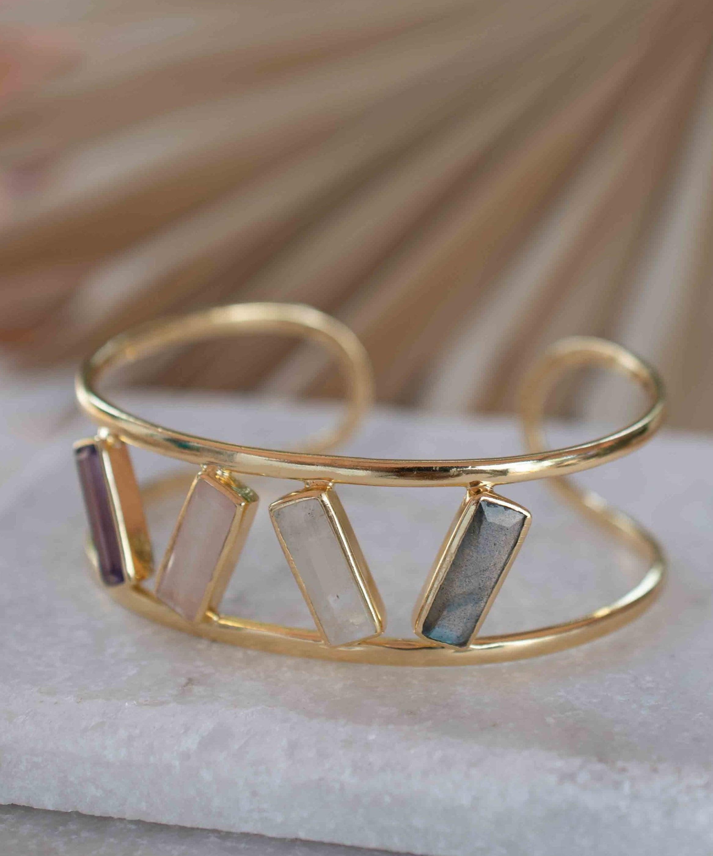 Labradorite, Moonstone, Rose Quartz & Amethyst Adjustable Bracelet ~ Gold Plated 18k ~ Handmade  ~Bohemian ~Jewelry ~Gift For Her ~ MB052