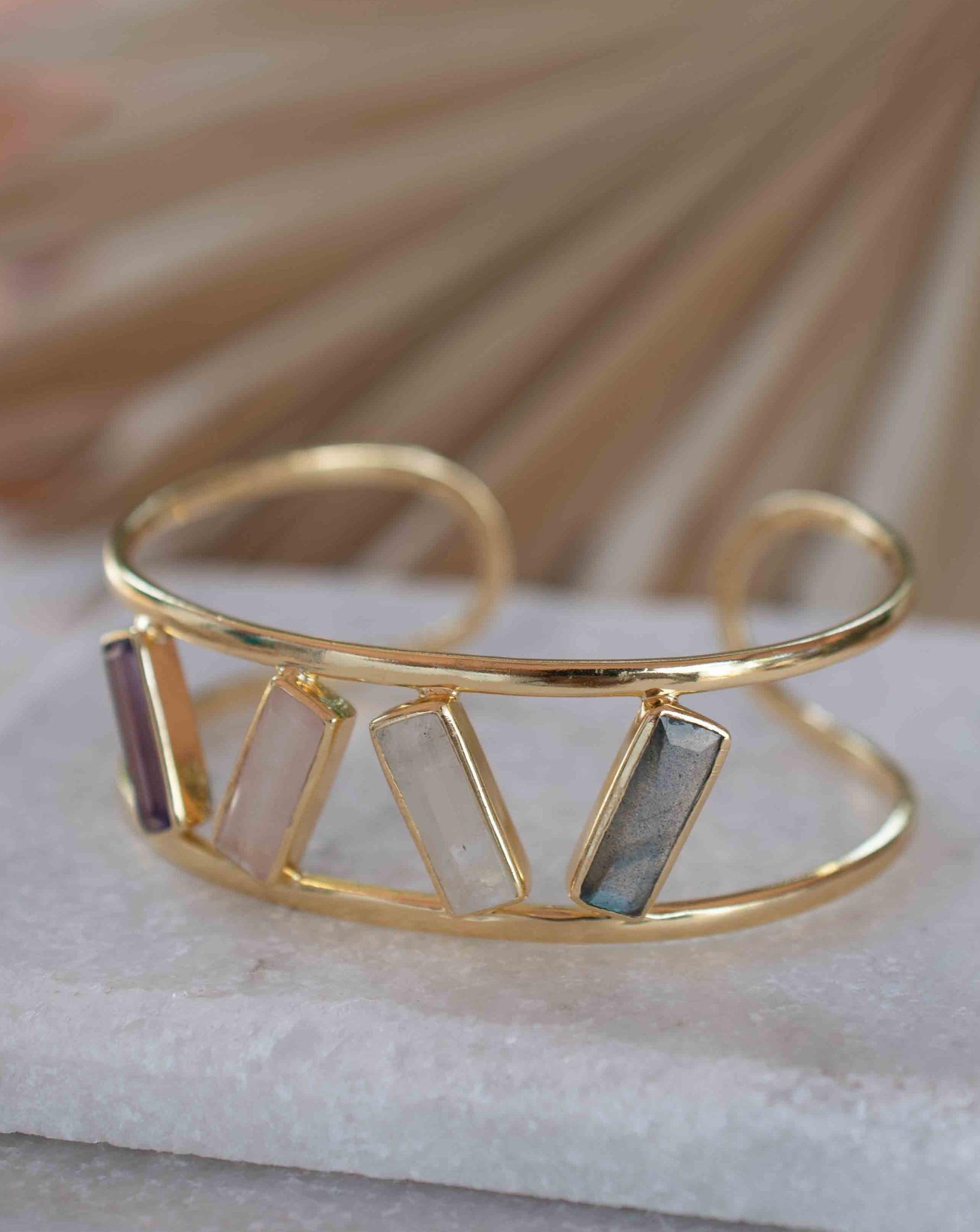 Labradorite, Moonstone, Rose Quartz & Amethyst Adjustable Bracelet ~ Gold Plated 18k ~ Handmade  ~Bohemian ~Jewelry ~Gift For Her ~ MB052