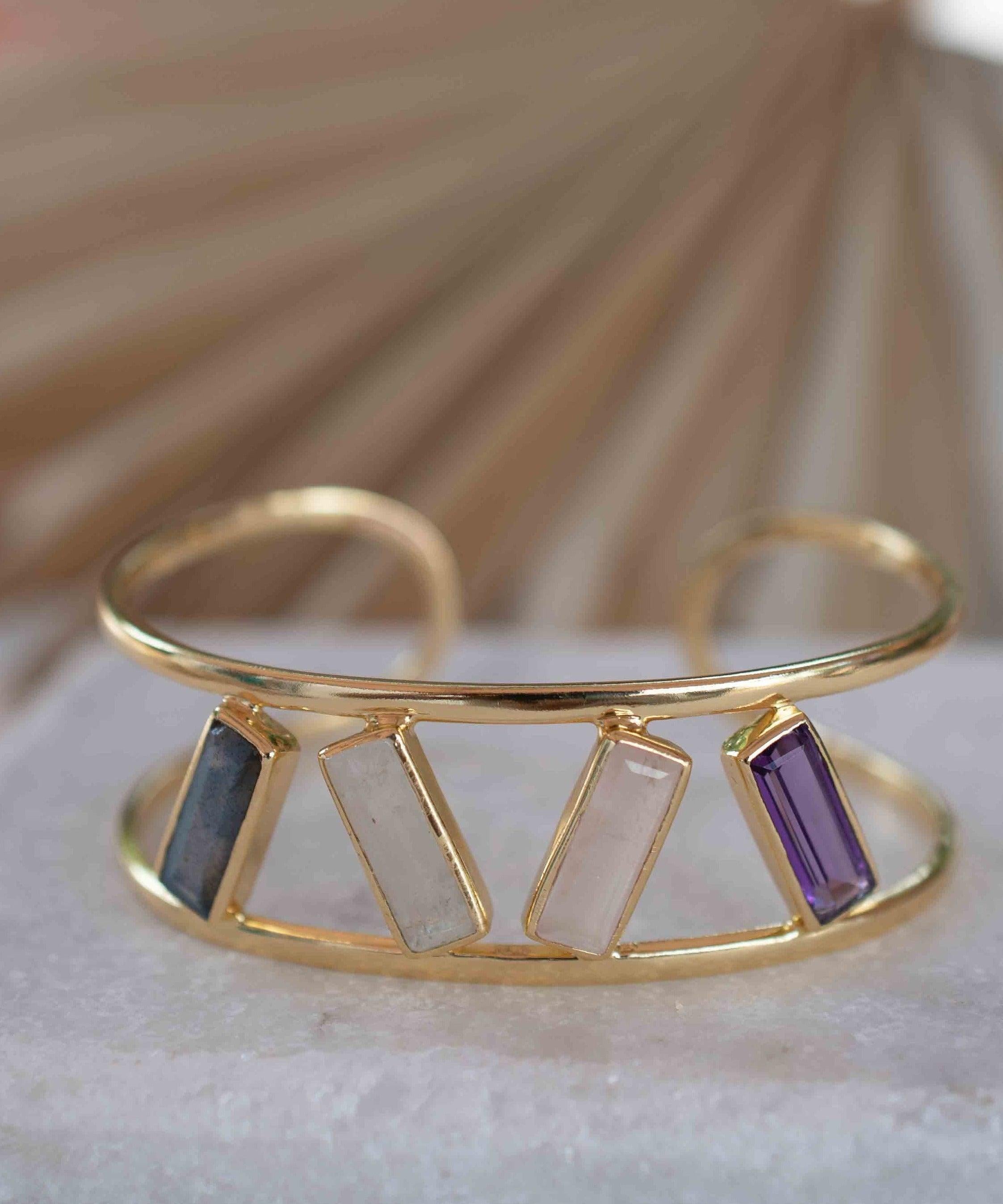 Labradorite, Moonstone, Rose Quartz & Amethyst Adjustable Bracelet ~ Gold Plated 18k ~ Handmade  ~Bohemian ~Jewelry ~Gift For Her ~ MB052