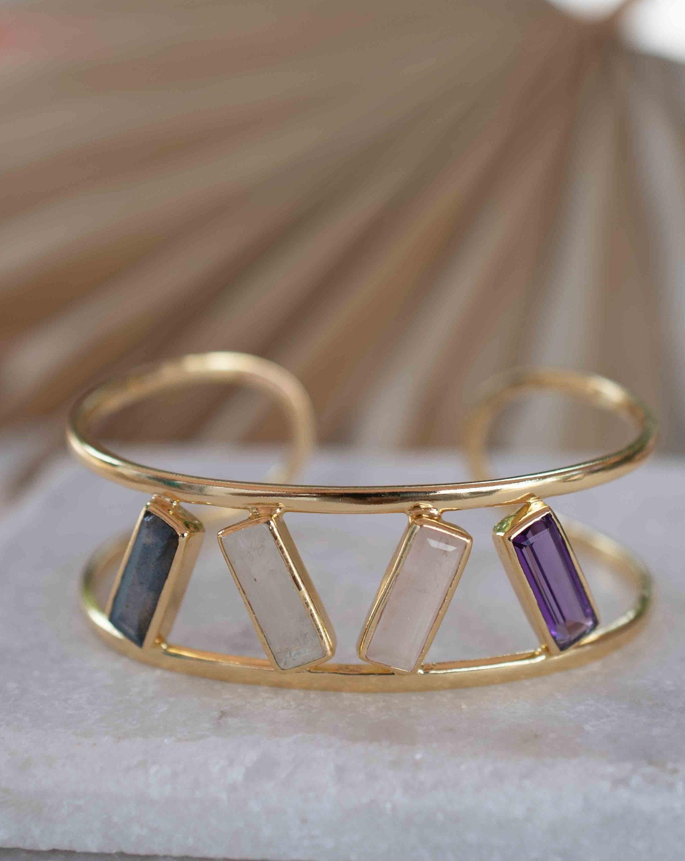 Labradorite, Moonstone, Rose Quartz & Amethyst Adjustable Bracelet ~ Gold Plated 18k ~ Handmade  ~Bohemian ~Jewelry ~Gift For Her ~ MB052