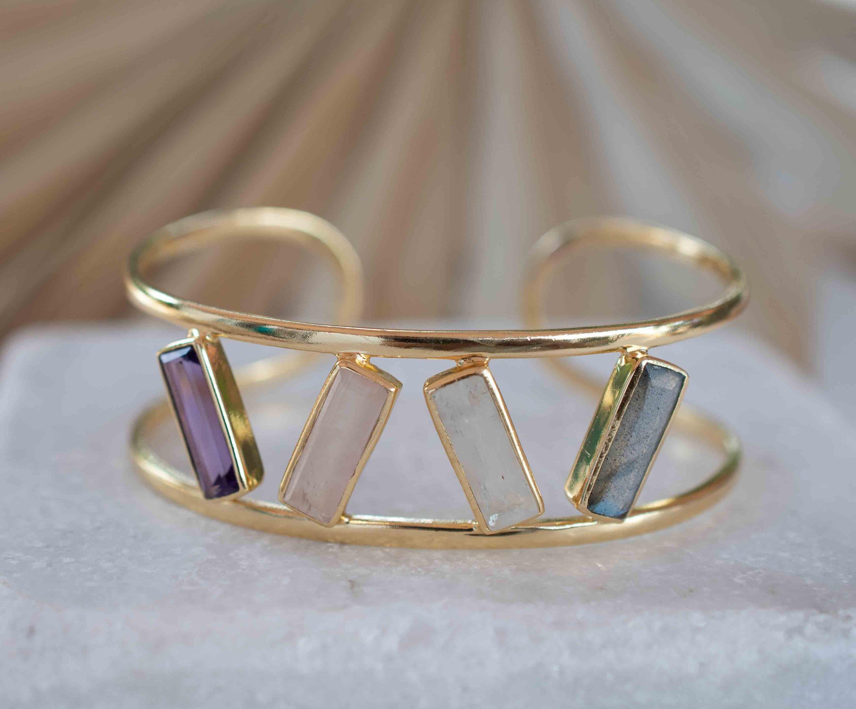 Labradorite, Moonstone, Rose Quartz & Amethyst Adjustable Bracelet ~ Gold Plated 18k ~ Handmade  ~Bohemian ~Jewelry ~Gift For Her ~ MB052