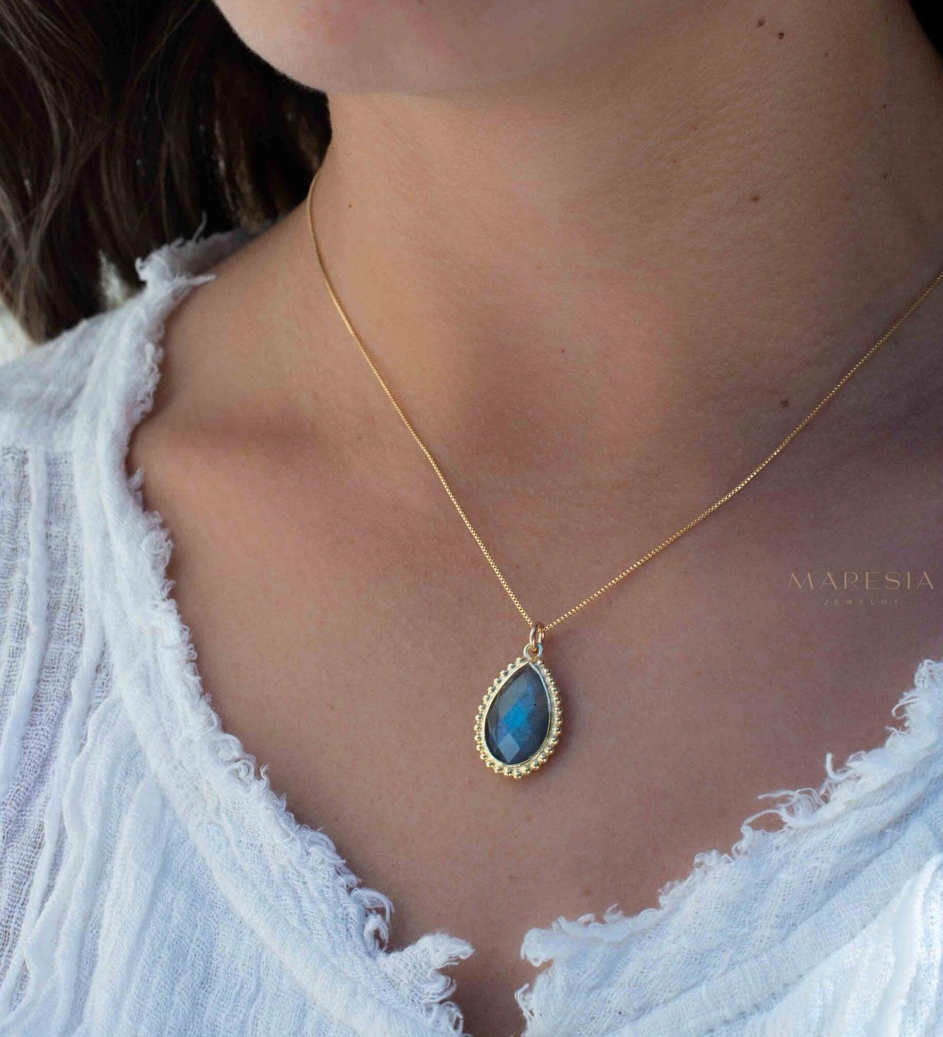 Labradorite, Pink Moonstone, Black Onyx, Aventurine & Aqua Chalcedony Necklace ~ Tear Drop ~ Gold Plated over Sterling Silver~MN149