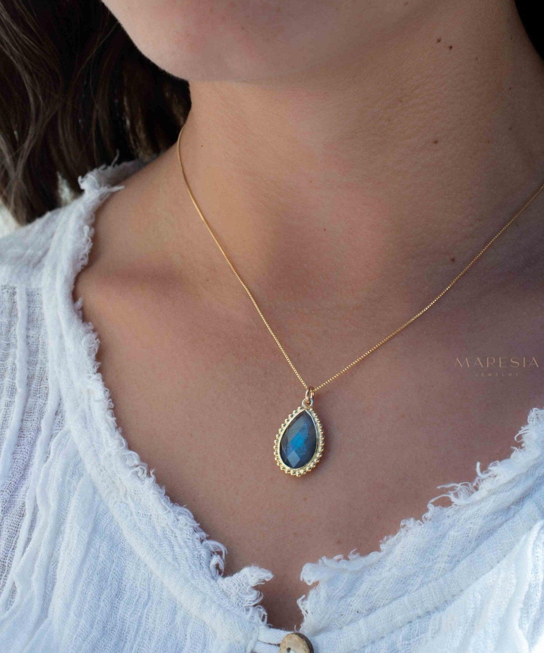 Labradorite, Pink Moonstone, Black Onyx, Aventurine & Aqua Chalcedony Necklace ~ Tear Drop ~ Gold Plated over Sterling Silver~MN149