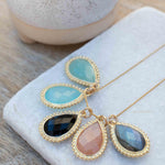 Labradorite, Pink Moonstone, Black Onyx, Aventurine & Aqua Chalcedony Necklace ~ Tear Drop ~ Gold Plated over Sterling Silver~MN149
