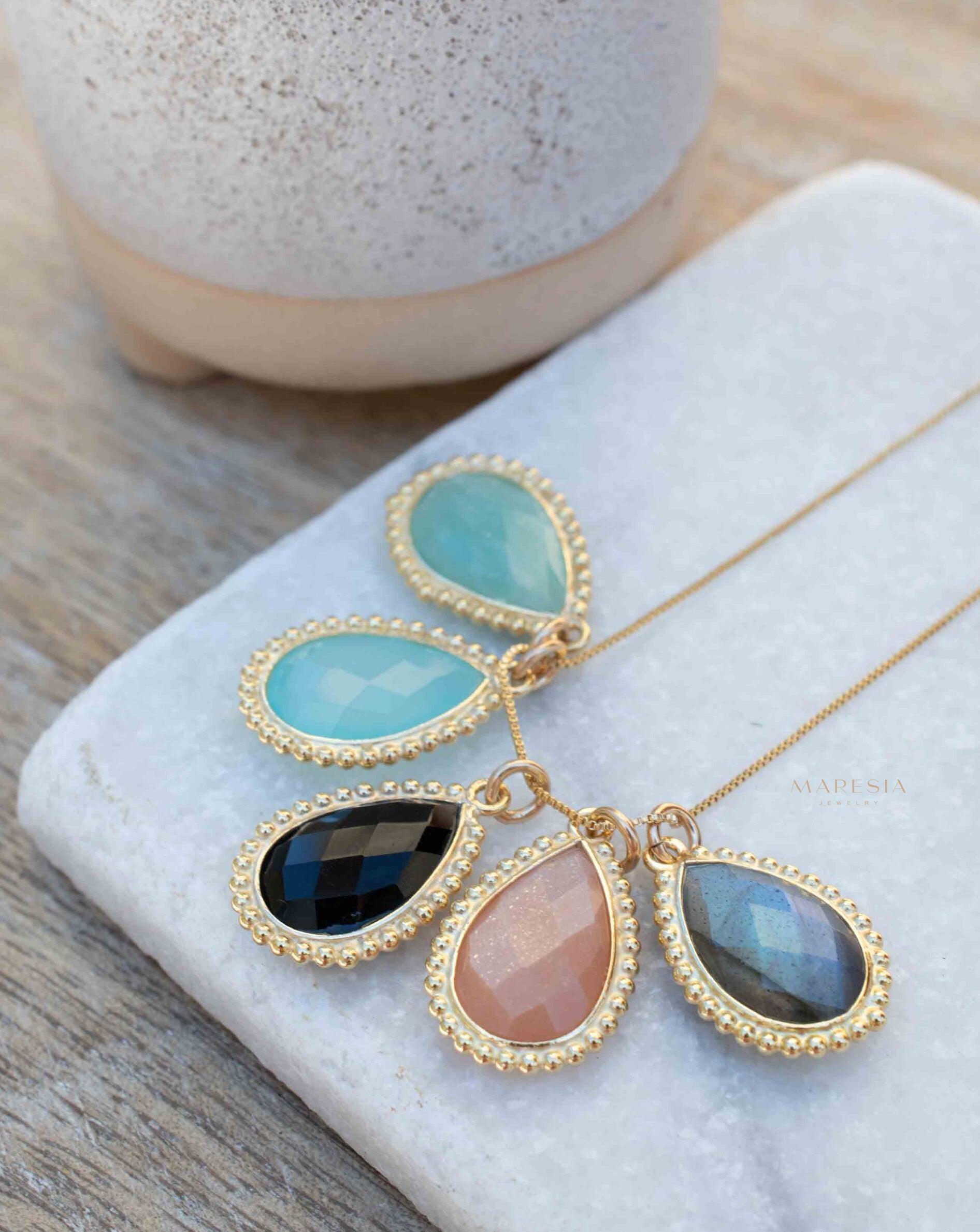 Labradorite, Pink Moonstone, Black Onyx, Aventurine & Aqua Chalcedony Necklace ~ Tear Drop ~ Gold Plated over Sterling Silver~MN149