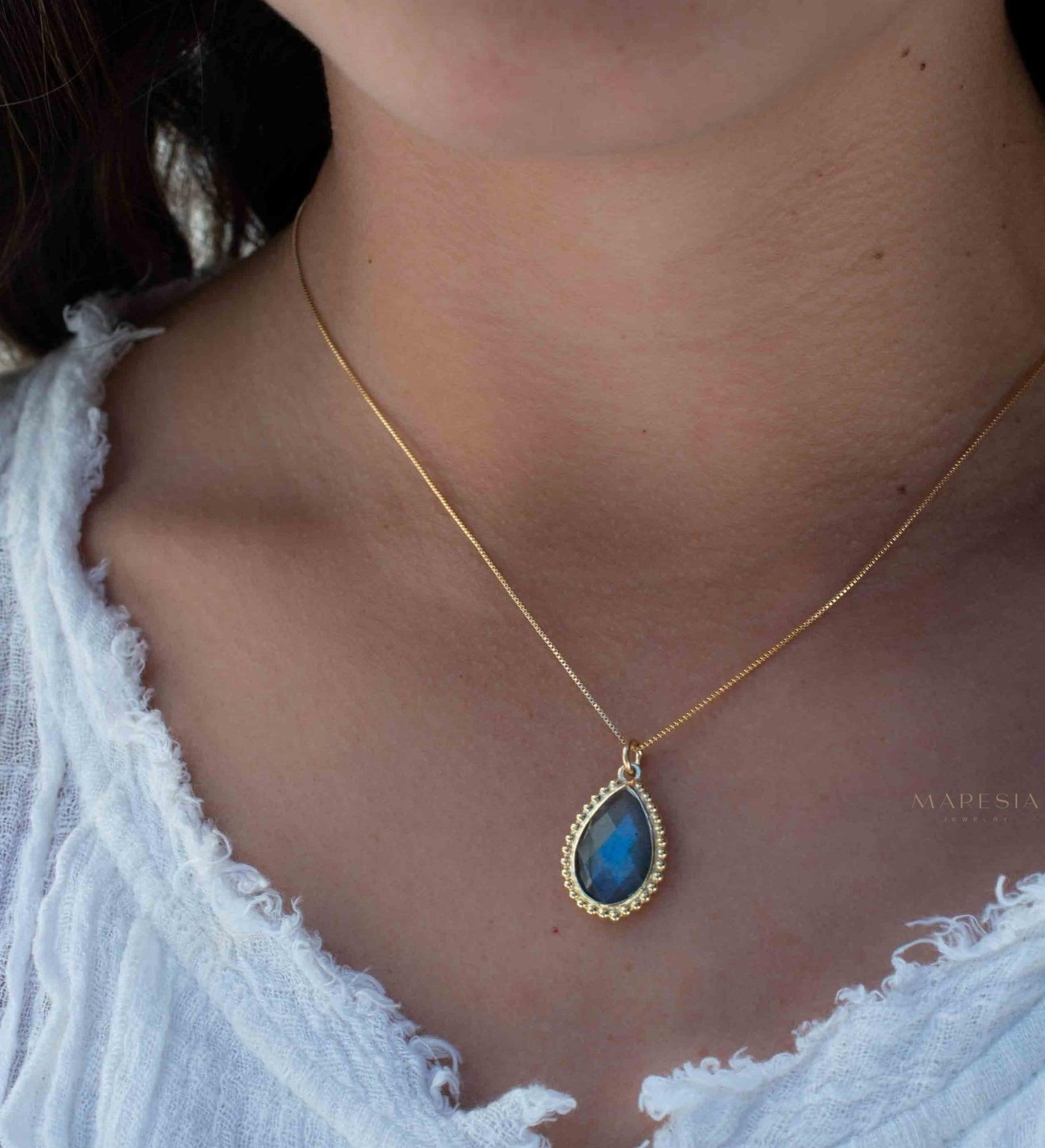 Labradorite, Pink Moonstone, Black Onyx, Aventurine & Aqua Chalcedony Necklace ~ Tear Drop ~ Gold Plated over Sterling Silver~MN149