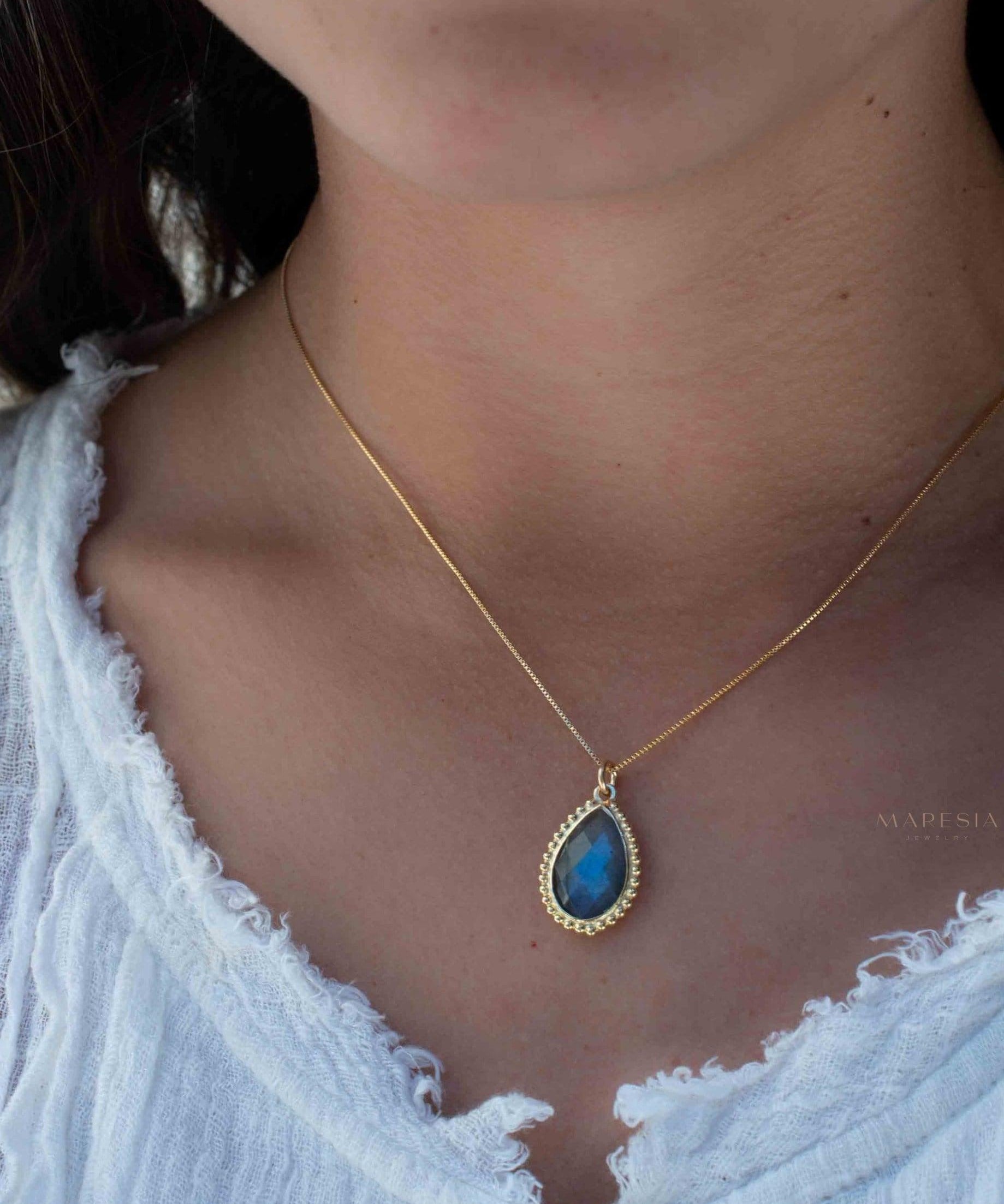 Labradorite, Pink Moonstone, Black Onyx, Aventurine & Aqua Chalcedony Necklace ~ Tear Drop ~ Gold Plated over Sterling Silver~MN149